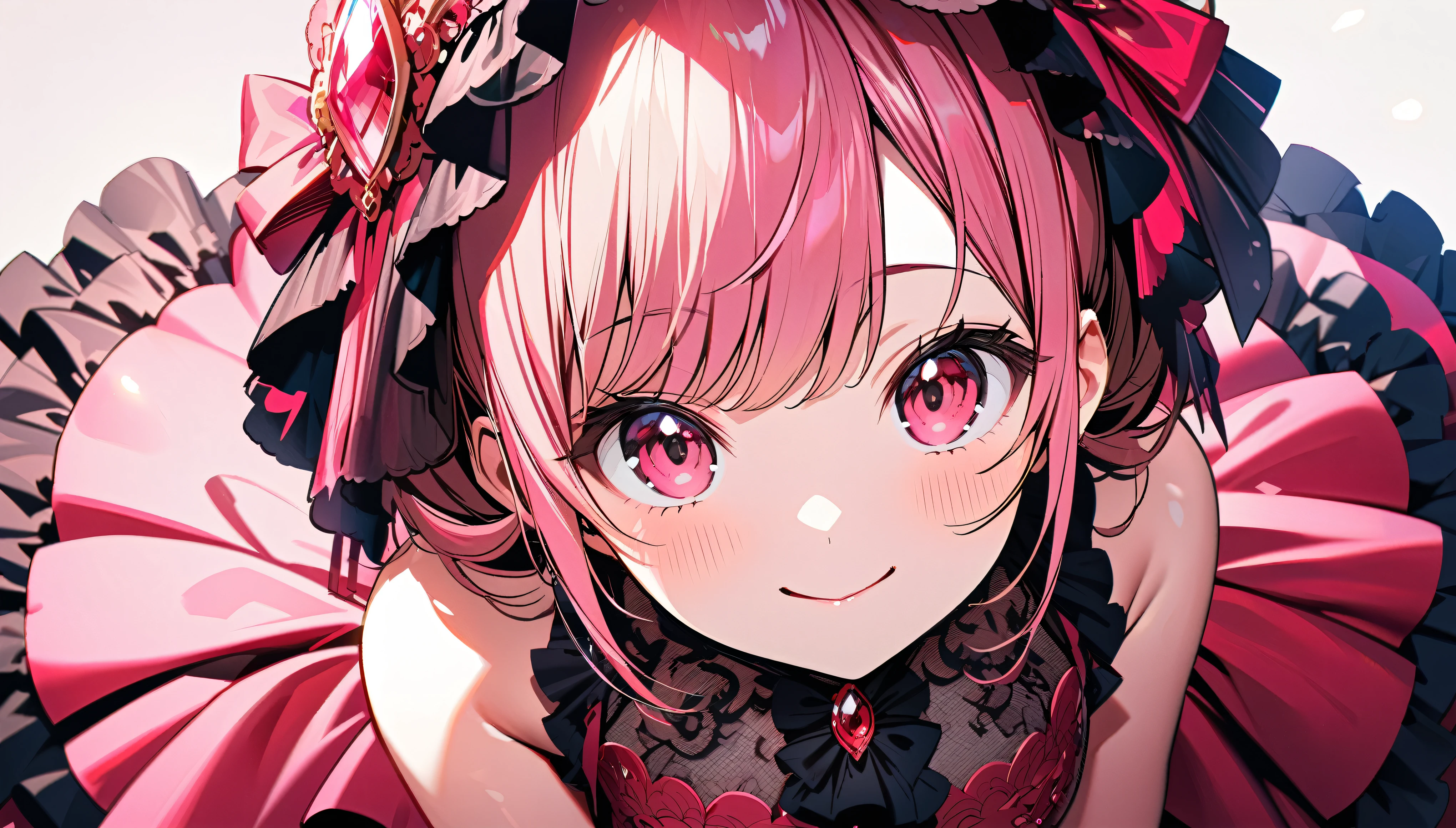 (((ultra detailed, highest quality, high resolution))),one anime girl, kawaii face, hot pink gown, gorgeous frills gown, delicate and transparent satin lace fabric, intricate details, portrait, happy smile, looking at viewer, from above, leaning forward, from front view, cowboy shot, 