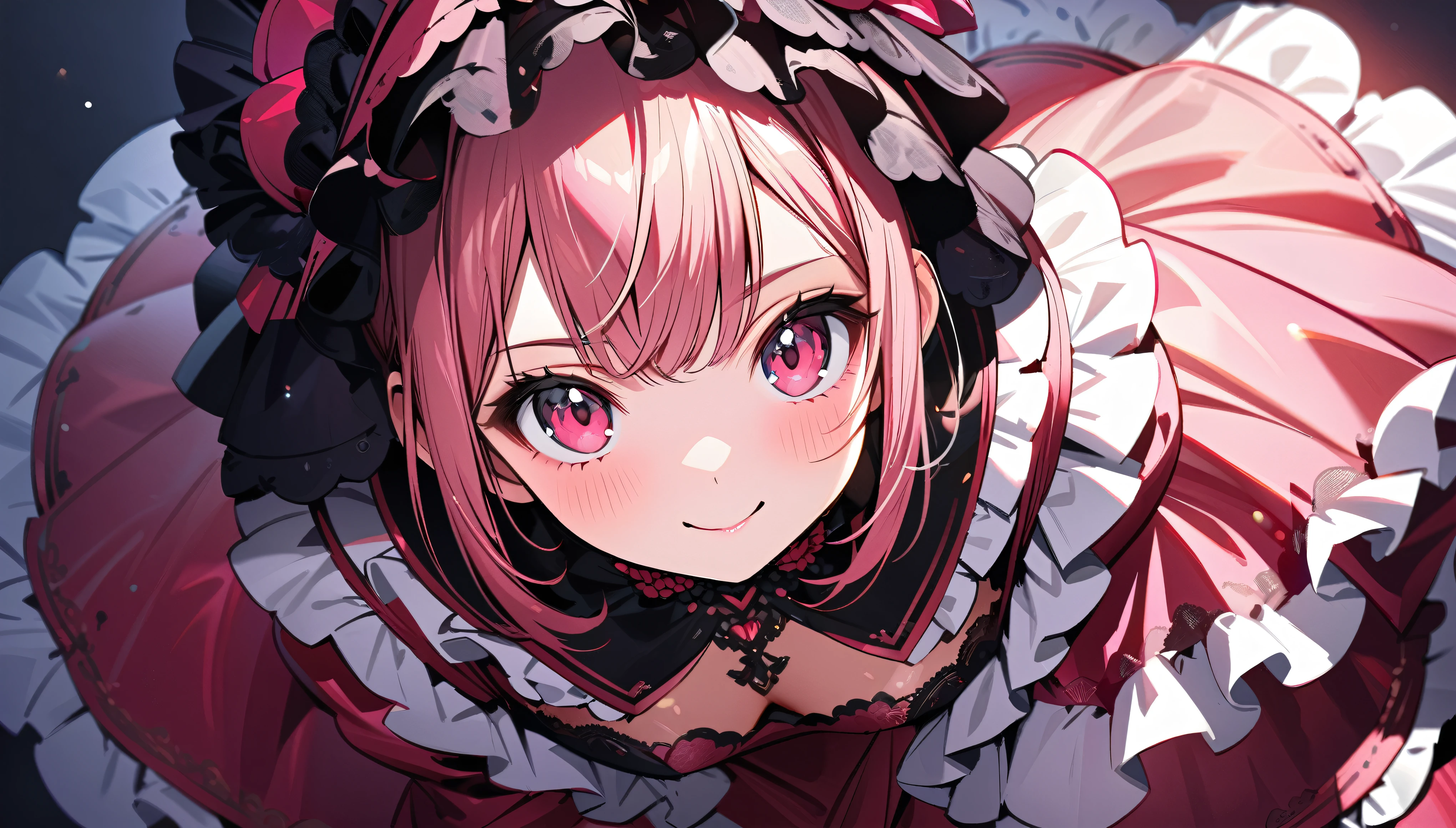 (((ultra detailed, highest quality, high resolution))),one anime girl, kawaii face, hot pink gown, gorgeous frills gown, delicate and transparent satin lace fabric, intricate details, portrait, happy smile, looking at viewer, from above, leaning forward, from front view, cowboy shot, 