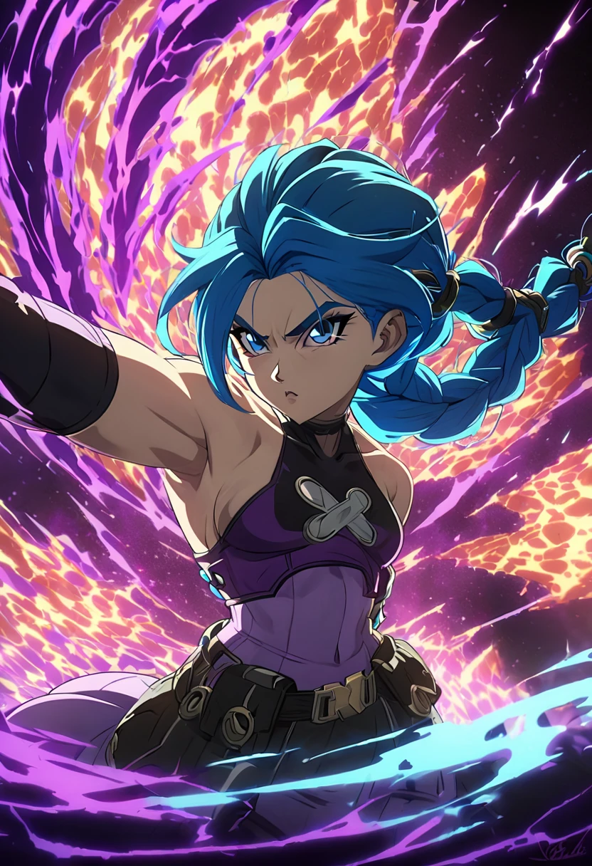 A reimagined adult female character inspired by Jinx from Arcane, styled in the iconic art style of Dragon Ball Super. She has long, vibrant blue hair styled into a single thick braid that flows down her back, with loose strands framing her sharp, angular face. Her large, intense eyes have a focused and serious gaze, with subtle dark circles under them adding depth and a sense of weariness. Her features are bold and defined, consistent with the dramatic shading and expressive designs of Dragon Ball Super.

She is mid-action, leaping dynamically in a high-energy pose, her body radiating a faint blue aura reminiscent of ki energy, enhancing the dramatic tension of the scene. She wears her signature outfit from Arcane, including her cropped purple tank top with gold accents, paired with her high-waisted black shorts with diagonal straps. Her outfit features her unique punk aesthetic, including her striped pink and blue stockings and her utility belt with pouches. Fingerless gloves cover her hands, and heavy, combat-style boots ground her look. The design is stylized to align with the bold, dynamic aesthetic of Dragon Ball Super while staying true to her original character.

The background features a vast, open terrain typical of Dragon Ball Super, with jagged rocky cliffs and craters from past battles. The sky is filled with vibrant, swirling clouds in shades of orange and purple, with beams of energy lighting up the atmosphere. Floating debris and shockwaves from distant explosions add to the chaotic and high-energy feel. The lighting emphasizes the intensity of the scene, with dramatic highlights and shadows, while energy particles and glowing effects swirl around her, creating a visual spectacle true to the epic style of Dragon Ball Super.