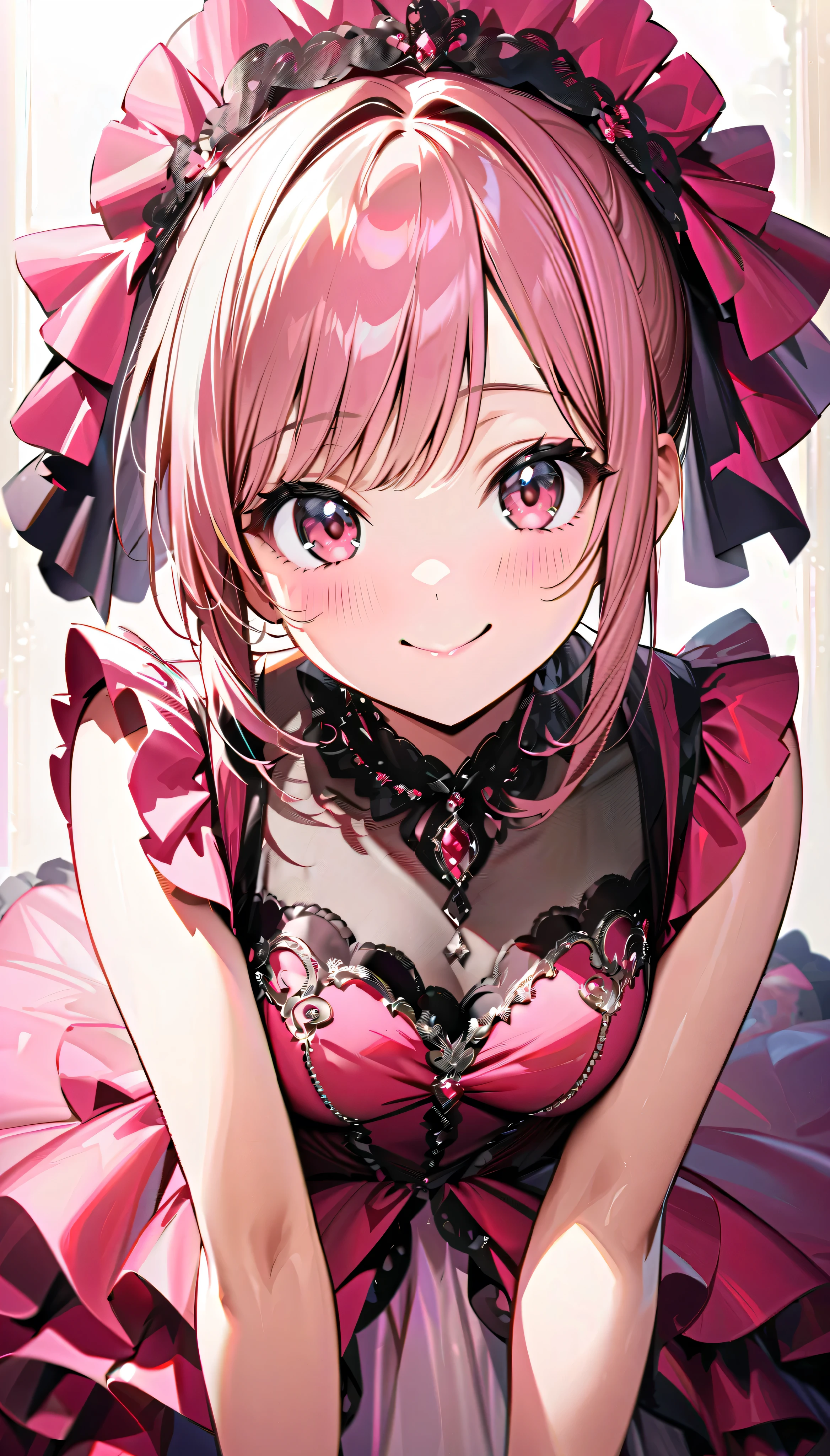 (((ultra detailed, highest quality, high resolution))),one anime girl, kawaii face, hot pink gown, gorgeous frills gown, delicate and transparent satin lace fabric, intricate details, portrait, happy smile, looking at viewer, leaning forward, from front view, cowboy shot, 