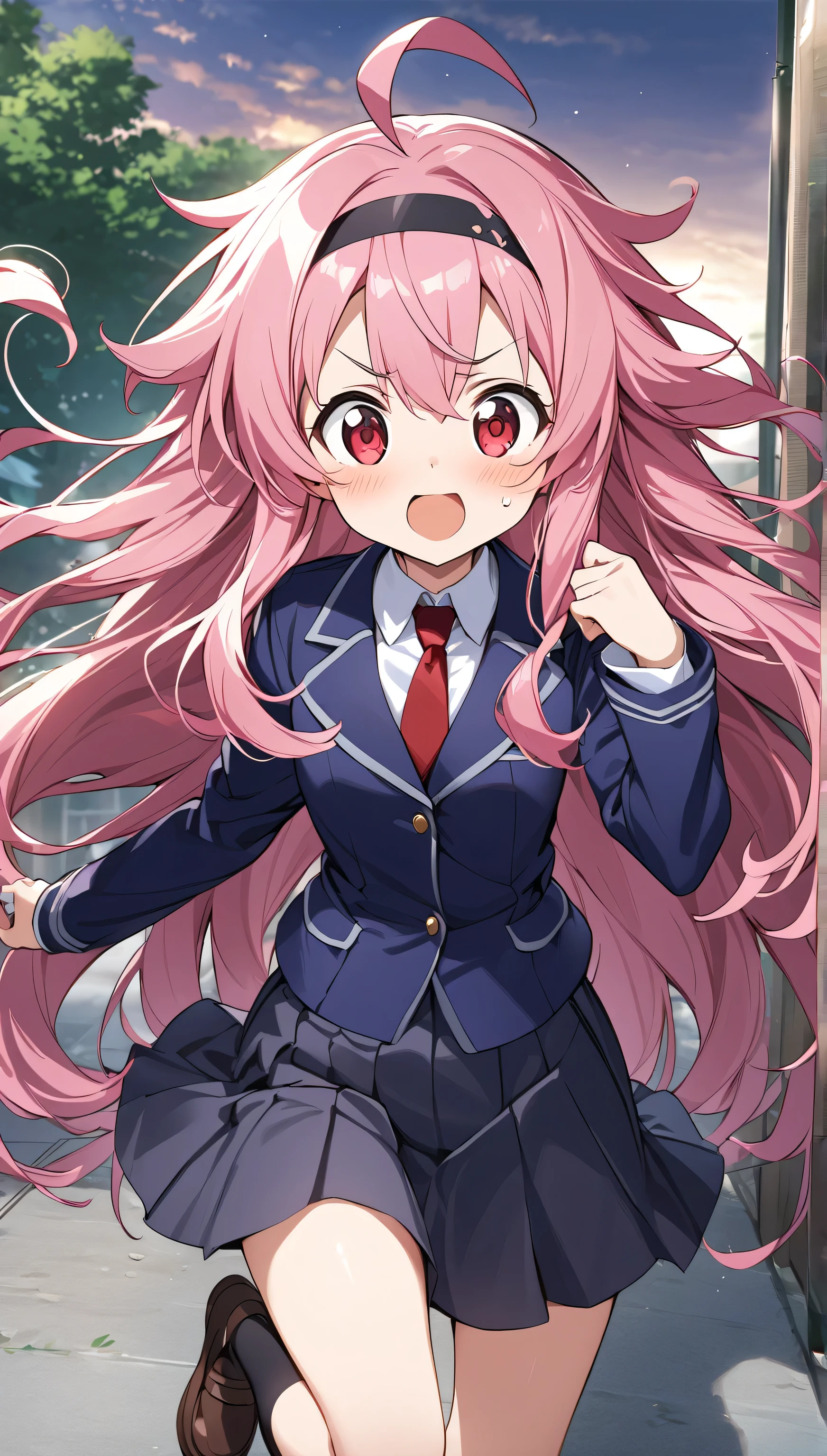 cute, round eyes, pretty, , red necktie, brown shoes, girl, indigo school uniform jacket, white school uniform shirt, floating hair, indigo school uniform skirt, very messy hair, ahoge, pink hair, spiked hair, long hair, red eyes, black hairband, 1girl, full black stocking, best quality, amazing quality, very aesthetic, highres, incredibly absurd, masterpiece, manga, japanese anime, elsword art style,