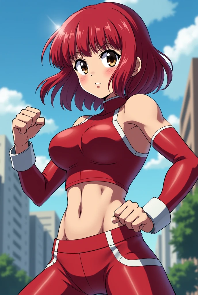 (((red strapless wrestling outfit, collar, red boots))), (upper body view, masterpiece, big mouth, 4K, Best Quality, Anime style: 1.9,, Adult Woman, (cloud background), Drawing lines, Anime, lacus4), 1girl, Solo, , Long hair, 鎖骨, scapular, (wide bangs, missy hair, floating hair, Hair Ornament, Detailed reddish-pink hair, golden crest), large hands, (). (Big blue eyes), ((little biceps, slender body, hourglass figure, broad shoulders, closed fists)), ((perfect proportions, medium breasts, cleavage, long belly)), (((mini red wrestling outfit))), ( looking at the viewer, smile),