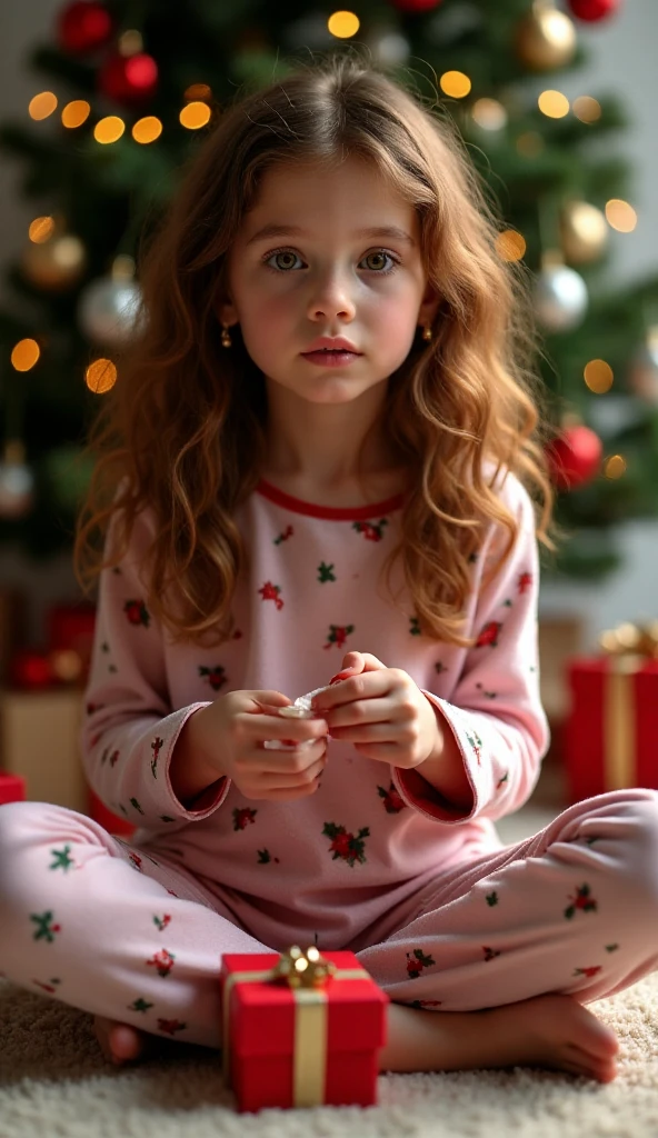  , vek 4 roky,  chestnut curly long hair ,  bright brown shining eyes , full lips ,  small gold earrings ,  dressed in pajamas with a Christmas motif,  sits on the carpet in front of the Christmas tree ,  in her hand holds a Christmas present ,  rips from the gift paper , in which is wrapped ,  impatient and perky expression on her face ,  under the tree there are many Christmas gifts,  realistic picture ,  real anatomy ,  high detail ,  movie lighting ,  dramatic lighting ,  real hands , detailed shape ,  detailed figure , veľa detailov,  real fingers ,  realistic fingers ,  detailed fingers ,  real skin ,  real skin texture ,  masterpiece  