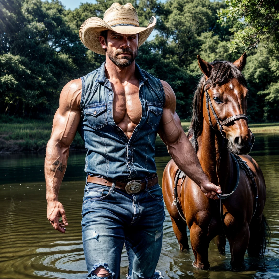 An 18-year-old boy bodybuilder, embodying the perfect fusion of Joey Lawrence and Cody Calafiore with long hair, exuding an aura of strength and confidence. Enhanced with HDR technology, this image depicts a true masterpiece, 4K resolution, cowboy shot