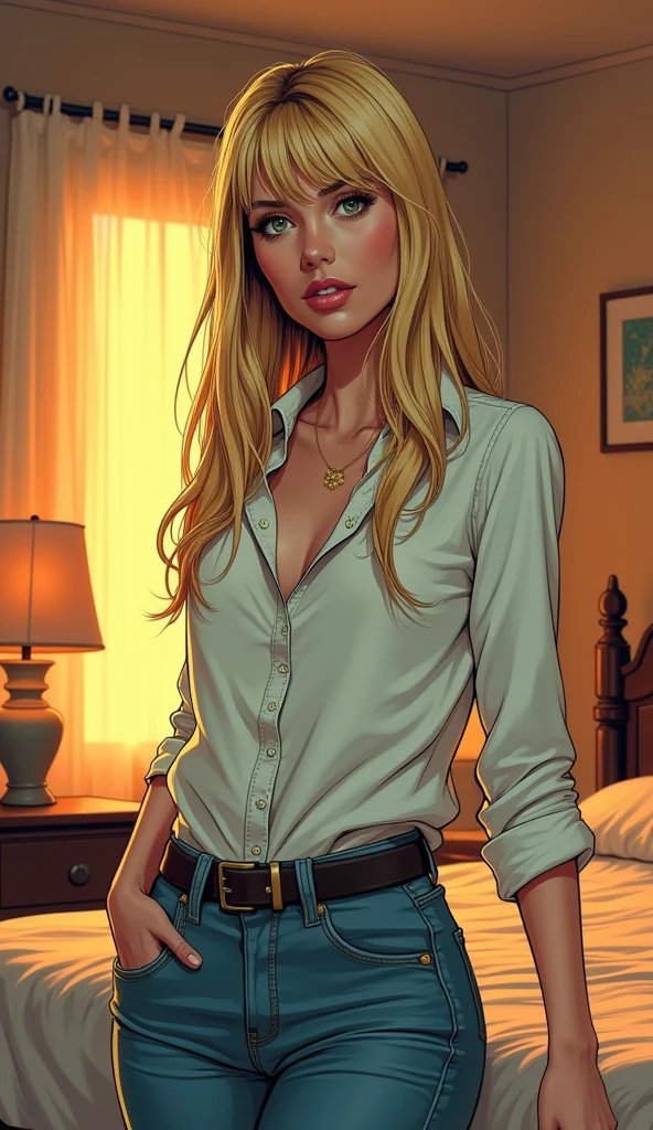Messy Blonde hair, pet collar, busty, extra large breasts, big t shirt, bike shorts, kneeling, bed, breastlift, breast lift