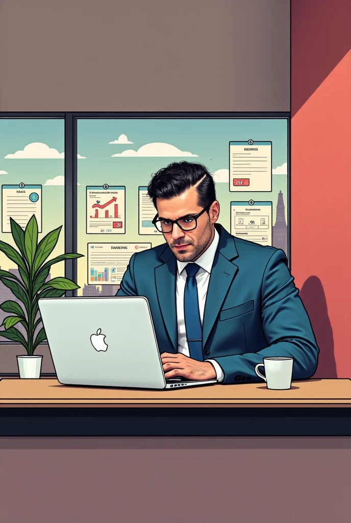 A comic-style pop-art illustration of a professional GM42 manager sitting at a desk in a modern office, focused on a MacBook Pro. The GM42 man has a Clean shaven, no beard or cheekbones, wears a sharp blue suit with a tie, and glasses, exuding confidence and competence. The workspace is vibrant and organized, with colorful charts, job postings, and documents pinned to a glass wall behind him. A potted plant adds a touch of greenery, and a coffee cup sits on the desk next to the laptop. The lighting is bright and cheerful, emphasizing productivity and creativity in a visually appealing pop-art style by Frank Miller style comic .