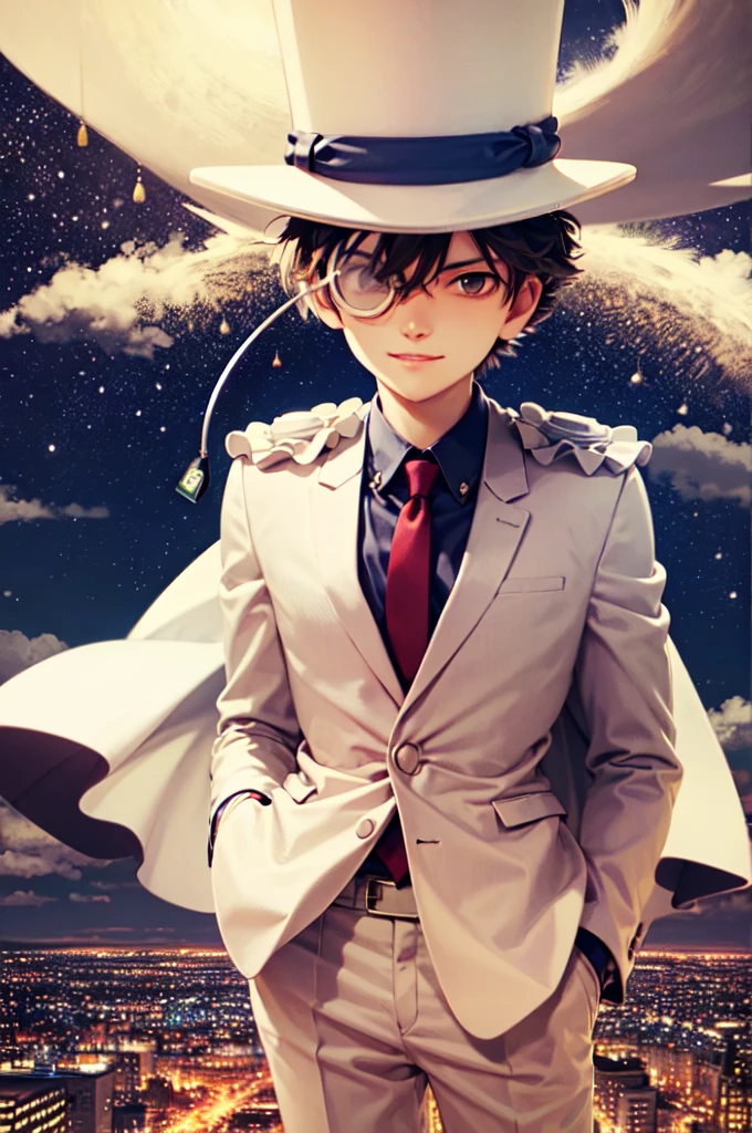 (masterpiece, best quality:1.2), cowboy shot, Alone, male focus, 1boy, mkkaito, smile, looking at viewer, top hat, monocle, formal, suit, necktie, cape, white pants, night, stars \(sky\)Character portrait, Wide angle, 