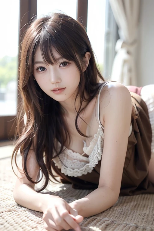  Japanese model in a brown dress lying on the floor, beautiful young japanese female,   slim female model pictures, Elegant and glamorous Japanese woman ,   beautiful female model ,   Beautiful Model Girls ,  looking at the camera、Detailed and beautiful eyes、 cute smile、 soft and gentle expression 