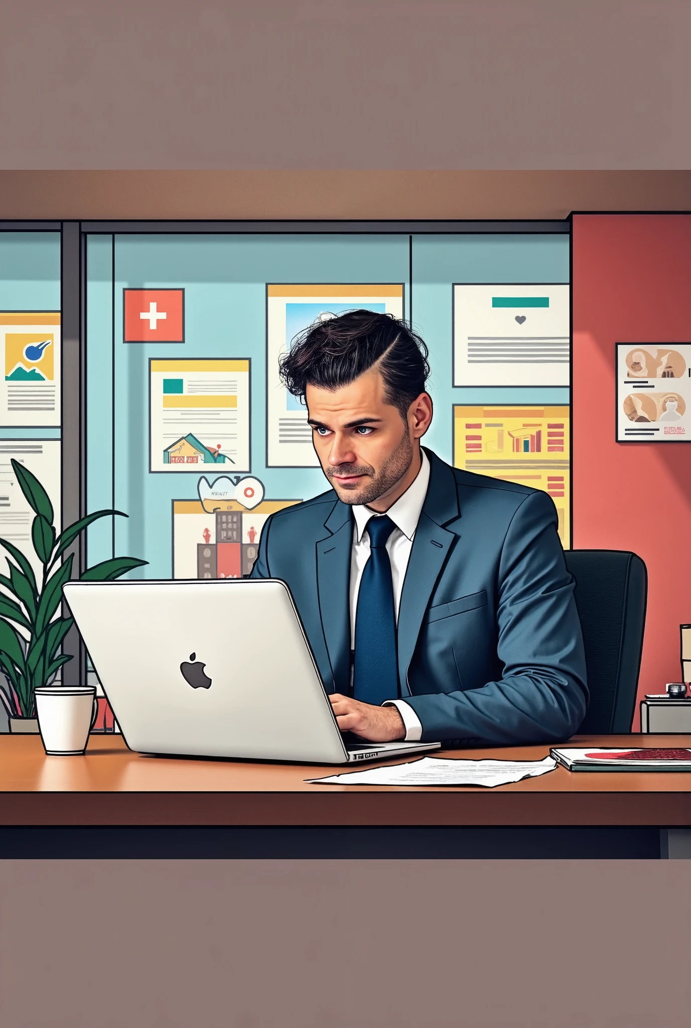 A comic-style pop-art illustration of a professional GM42 manager sitting at a desk in a modern office, focused on a MacBook Pro. The GM42 Without glasses has a Clean shaven, no beard or cheekbones, wears a sharp blue suit with a tie, and glasses, exuding confidence and competence. The workspace is vibrant and organized, with colorful charts, job postings, and documents pinned to a glass wall behind him. A potted plant adds a touch of greenery, and a coffee cup sits on the desk next to the laptop. The lighting is bright and cheerful, emphasizing productivity and creativity in a visually appealing pop-art style.