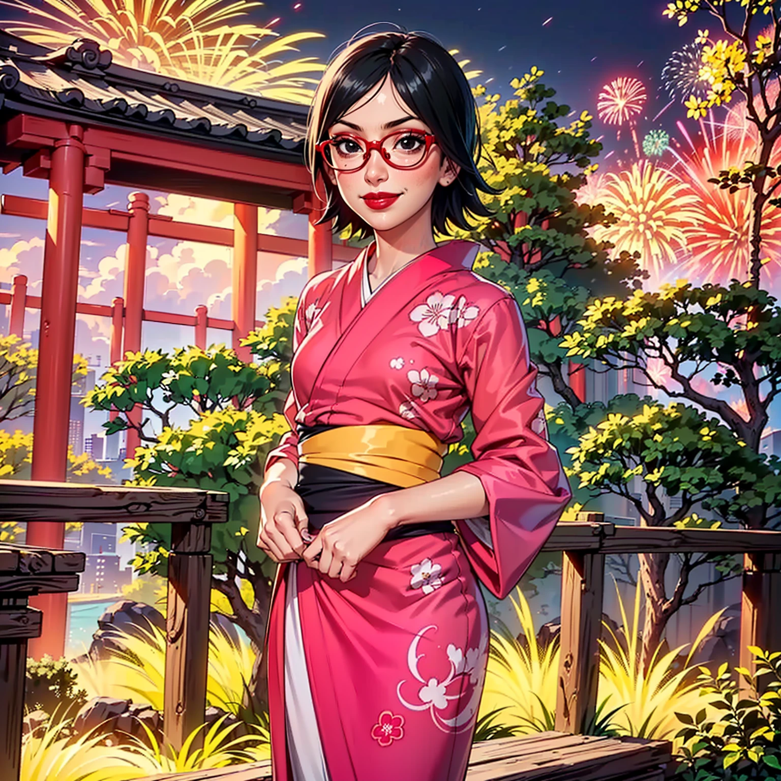 (1girl, solo, alone), ((WakatsukiRisa, Sarada Uchiha, black hair, short hair, black eyes, red glasses)), ((solo, (1woman, (small bust), pink lipstick, black eyes), Extremely detailed, ambient soft lighting, 4k, perfect eyes, a perfect face, perfect lighting, a 1girl)), ((fitness,, shapely body, athletic body, toned body)), ((kimono, Yukata, Japanese garden, Japanese temple, fireworks, night, trees, city in the background, red lipstick, clouds, smug smile, printed kimono))