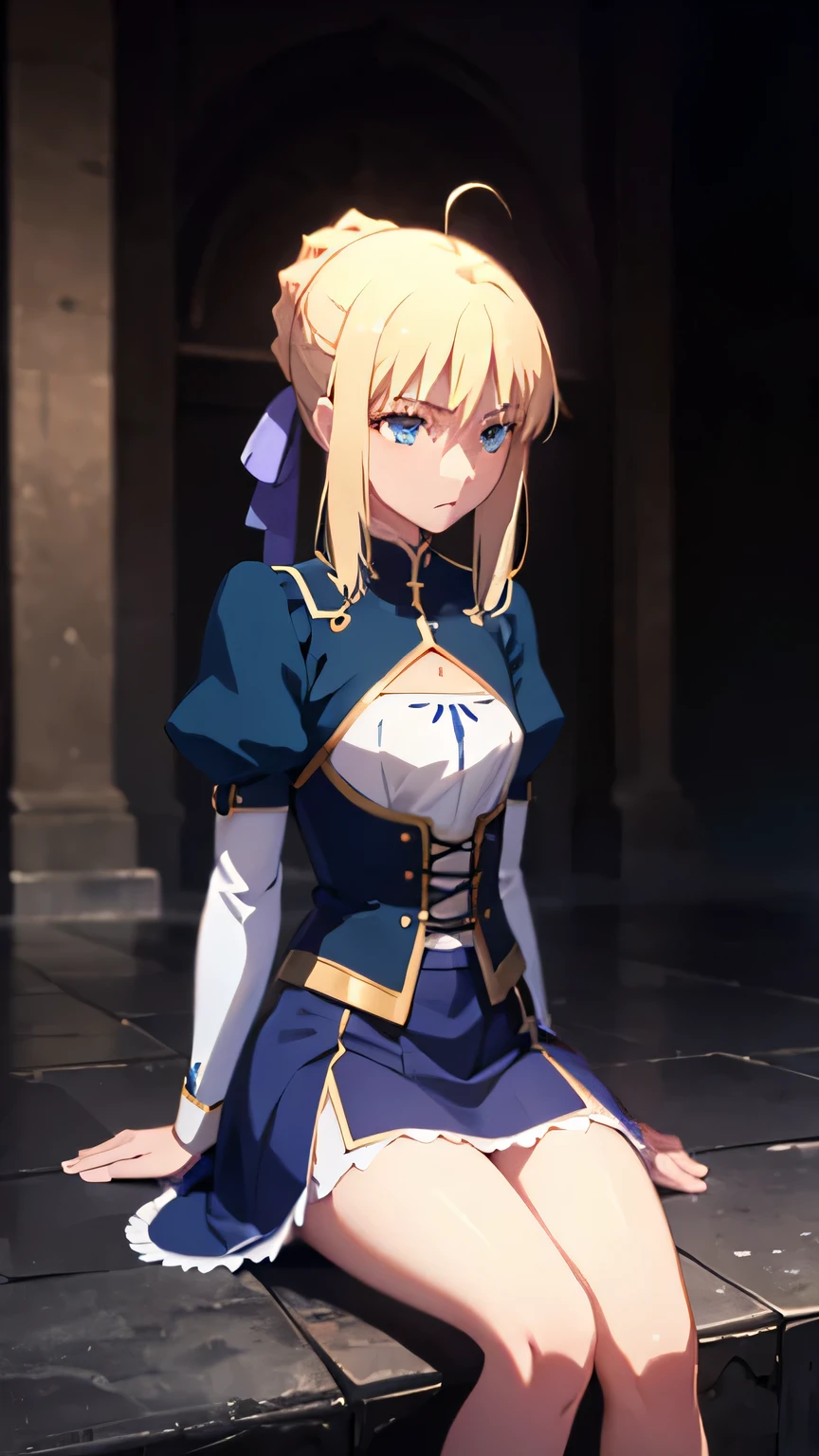 saber from fate; up to down perspective; praying for god sitting on knees; praing pose; staring on sky; mini-skirt; stockings; aesthetic; bohemian; realistic; skinny fit; emo; ; night church background; Dark fantasy ; focus on hips; goddess; solo girl; epic scene