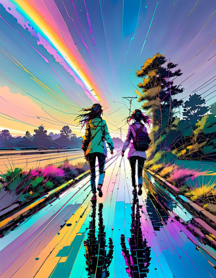 one rainbow appears in the sky, sun after the rain, In places Wet road surface, Blue sky. two girls, Casual clothing, (Walking In Rhythm), sister love. Sunset, (Lens Ghosting:1.1, lens flare:1.1), Natural backlighting. Makoto Shinkai style of art, by Makoto Shinkai, Romantic vibes of autumn, pastel colors, detailed foliage. masterpiece, best quality, ultra high resolution