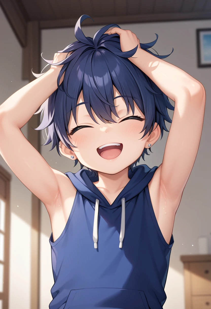 (highest quality,Cowboy shot:1.2),(perfect beautiful face:1.2),(perfect and beautiful posture:1.2),((Solo male:1.2)),(men's muscle body:1.2),(messy short cut hair), (confused:1.3,embarrassed:1.5), (shyness:1.1),(Sweaty, sunburned skin),(open mouth:1.3),Looking at viewer,classroom,window with black Night sky:1.3,((scared expression,constricted pupils:1.3,tears)),White blue Track uniform Buruma,black hair,(flat chest:1.5),double Peace sign,fake smile,standing,((tall and thick:1.3)),midriff baring,