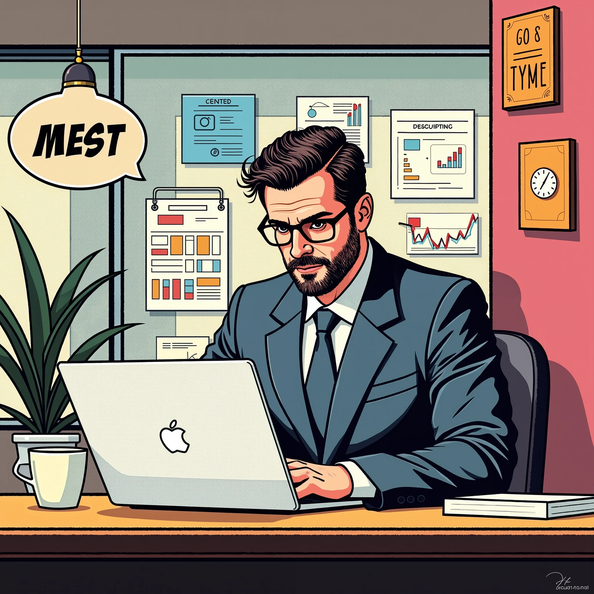 A comic-style pop-art illustration of a professional GM42 manager sitting at a desk in a modern office, focused on a MacBook Pro. The GM42 man has a Clean shaven, no beard or cheekbones, wears a sharp blue suit with a tie, and glasses, exuding confidence and competence. The workspace is vibrant and organized, with colorful charts, job postings, and documents pinned to a glass wall behind him. A potted plant adds a touch of greenery, and a coffee cup sits on the desk next to the laptop. The lighting is bright and cheerful, emphasizing productivity and creativity in a visually appealing pop-art style.