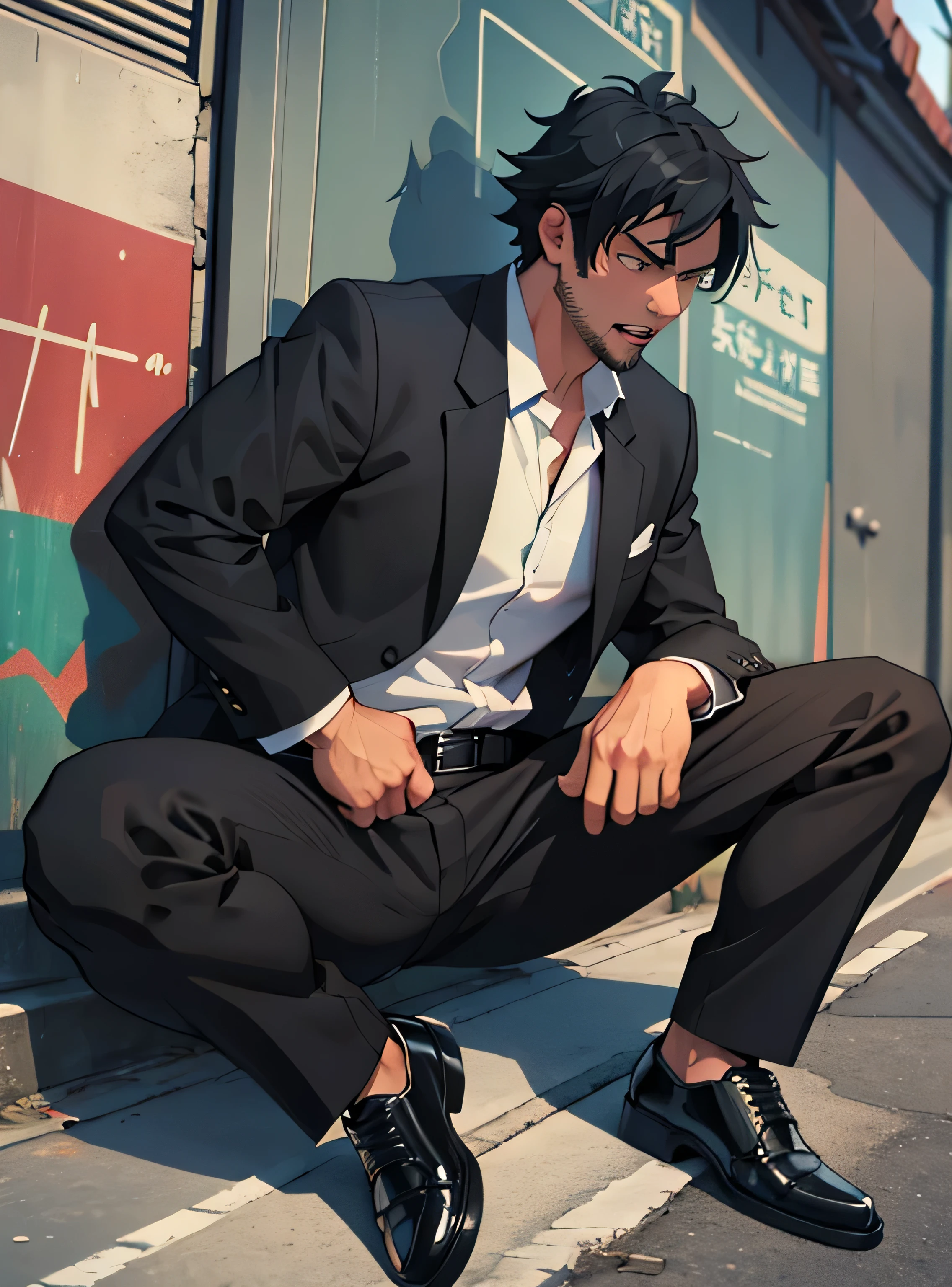 Age 30,father, Simple Black Single Suit ,  lying on the ground  ,Spread your legs wider,black belt,Black socks,Black leather shoes,logic, Gay , black hair, Shorthair, thick eyebrows,Stubble, Lightly Set Your Hair with Wax , Hachiman Hachiman,Masculine,salaryman,Mob characters,Bad Actor , The crotch part of the pants is bulging, Erotic 3D Finish , Open your mouth wide and scream,、Gunfight