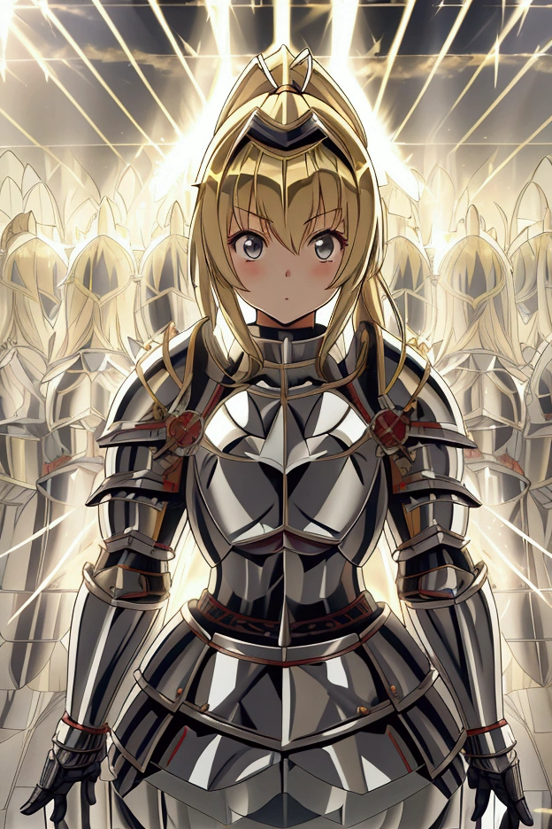 Masterpiece,best quality,ultra detailed,Japanese anime style,girl, blonde, with low ponytail hair, wearing a small knight's helmet, (((armor made entirely of mirrors))), with light reflecting diffusely around her,((( Reflecting the rays of light that came towards her)))