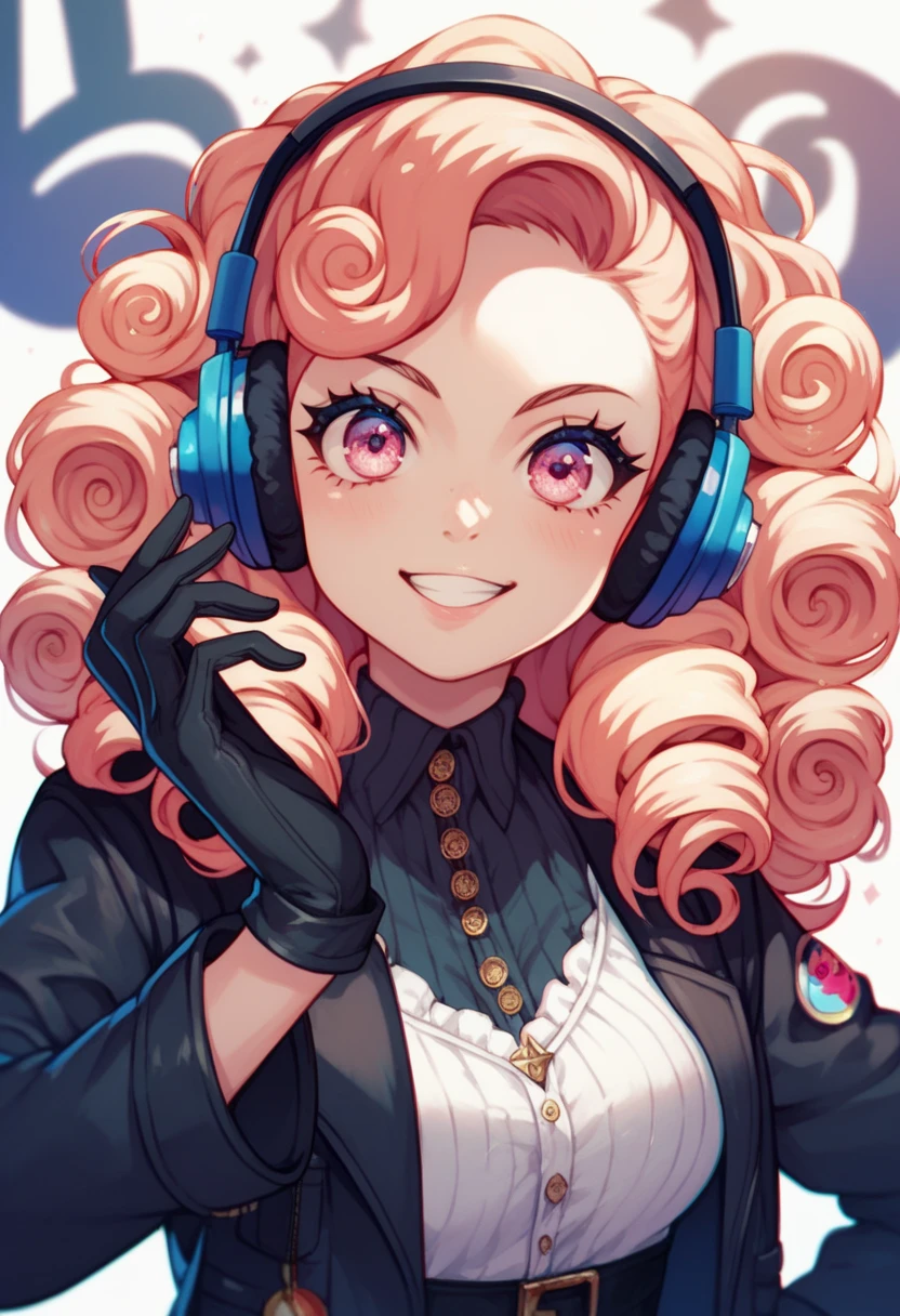 Anime style girl, Negra with curly heads pink eyes with gamer-like headphones with black gloves listening to Vibe Geek music