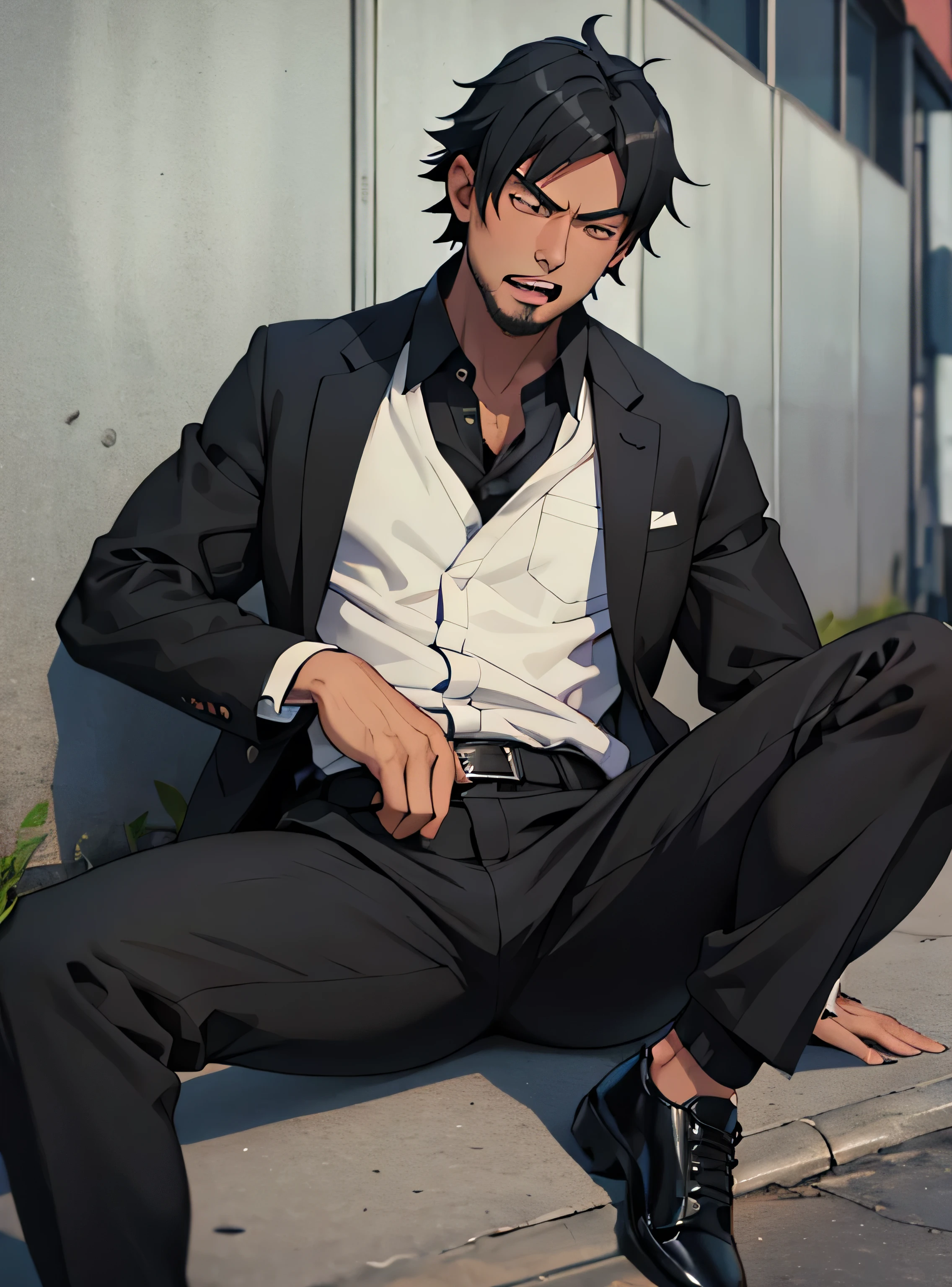 Age 30,father, Simple Black Single Suit ,  lying on the ground  ,Spread your legs wider,black belt,Black socks,Black leather shoes,logic, Gay , black hair, Shorthair, thick eyebrows,Stubble, Lightly Set Your Hair with Wax , Hachiman Hachiman,Masculine,salaryman,Mob characters,Bad Actor , The crotch part of the pants is bulging, Erotic 3D Finish , Open your mouth wide and scream,、Gunfight