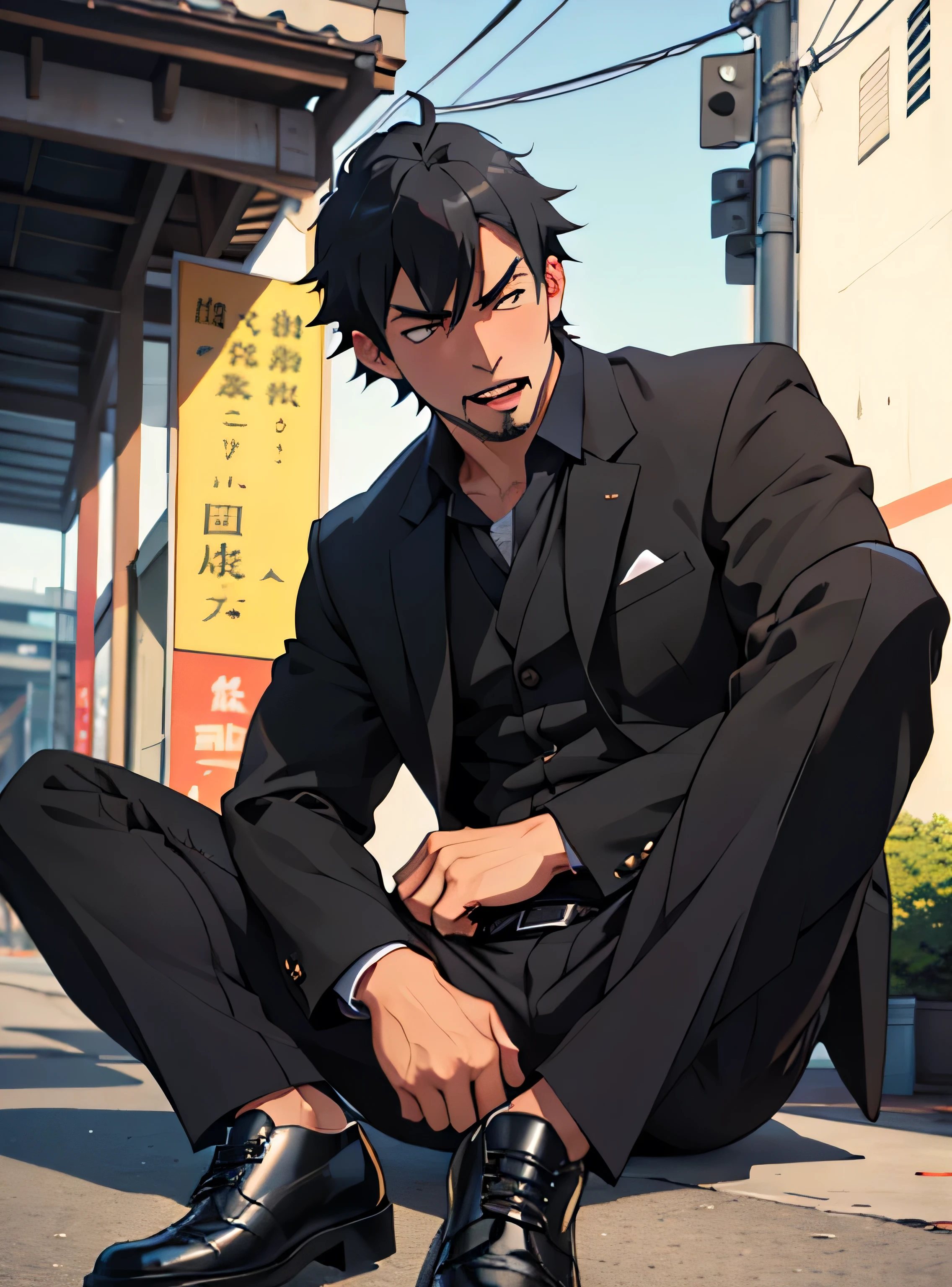 Age 30,father, Simple Black Single Suit ,  lying on the ground  ,Spread your legs wider,black belt,Black socks,Black leather shoes,logic, Gay , black hair, Shorthair, thick eyebrows,Stubble, Lightly Set Your Hair with Wax , Hachiman Hachiman,Masculine,salaryman,Mob characters,Bad Actor , The crotch part of the pants is bulging, Erotic 3D Finish , Open your mouth wide and scream,、Gunfight