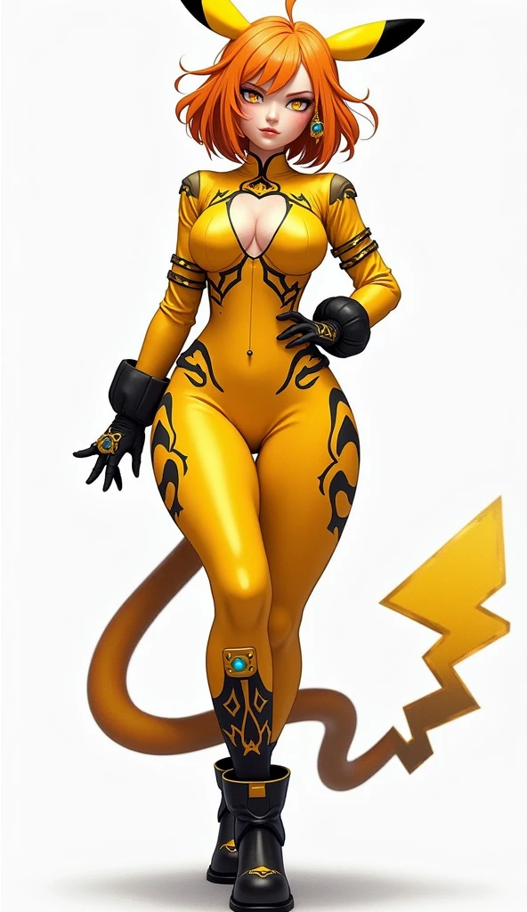 ((Masterpiece, 4k, plain background:1.2)) (handuffed behind her back)) Roxanne full body standing straight symmetrical, standing chained pole bondage sex slave, yellow tiger bikini print, happy closed mouth red cheeks