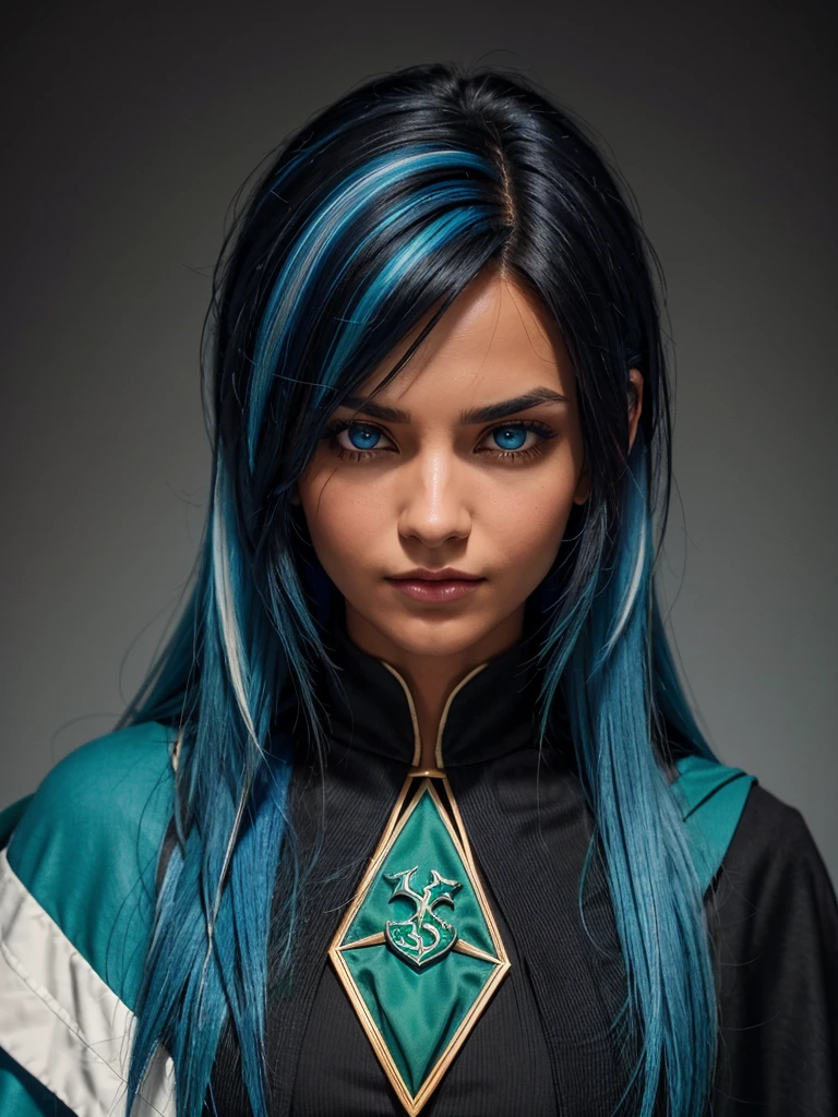 (best quality), 1girl, Female, tanned skin, black hair, blue tips, blue streaked hair, medium hair, asymmetric hairstyle, swoopy hair, blue eyes, perfect eyes, smug, slytherin hogwarts cloak, harry potter universe, slytherin, small bust, masterpiece, anatomically correct, highres
