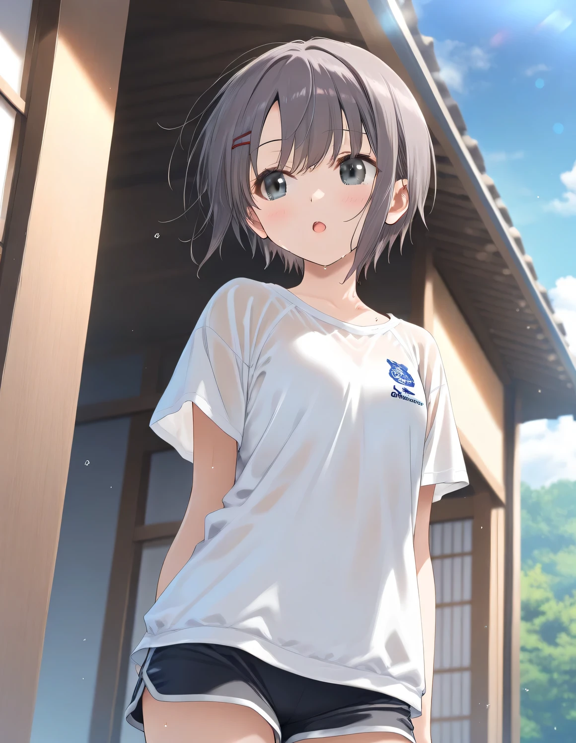 1girl, otokura_yuuki, little female, short hair, black hair, black eyes, beautiful detailed eyes, small breasts, shorts, open mouth, sweat, outdoors, wind, game CG break,((artist:shida_kazuhiro)),(artist:mitsumi_misato),(artist:fujiyama),,(masterpiece), (best quality), (ultra-detailed), very aesthetic, newest, beauty illustration,super detailed skin,  (masterpiece), (best quality), (ultra-detailed), very aesthetic lighting,hi res,absurd_res,2023,2024,(shaded),digital media (artwork), realistic lighting, 4k, 8k,photoshop_(medium),,best anime 8k konachan wallpaper, pixiv contest winner