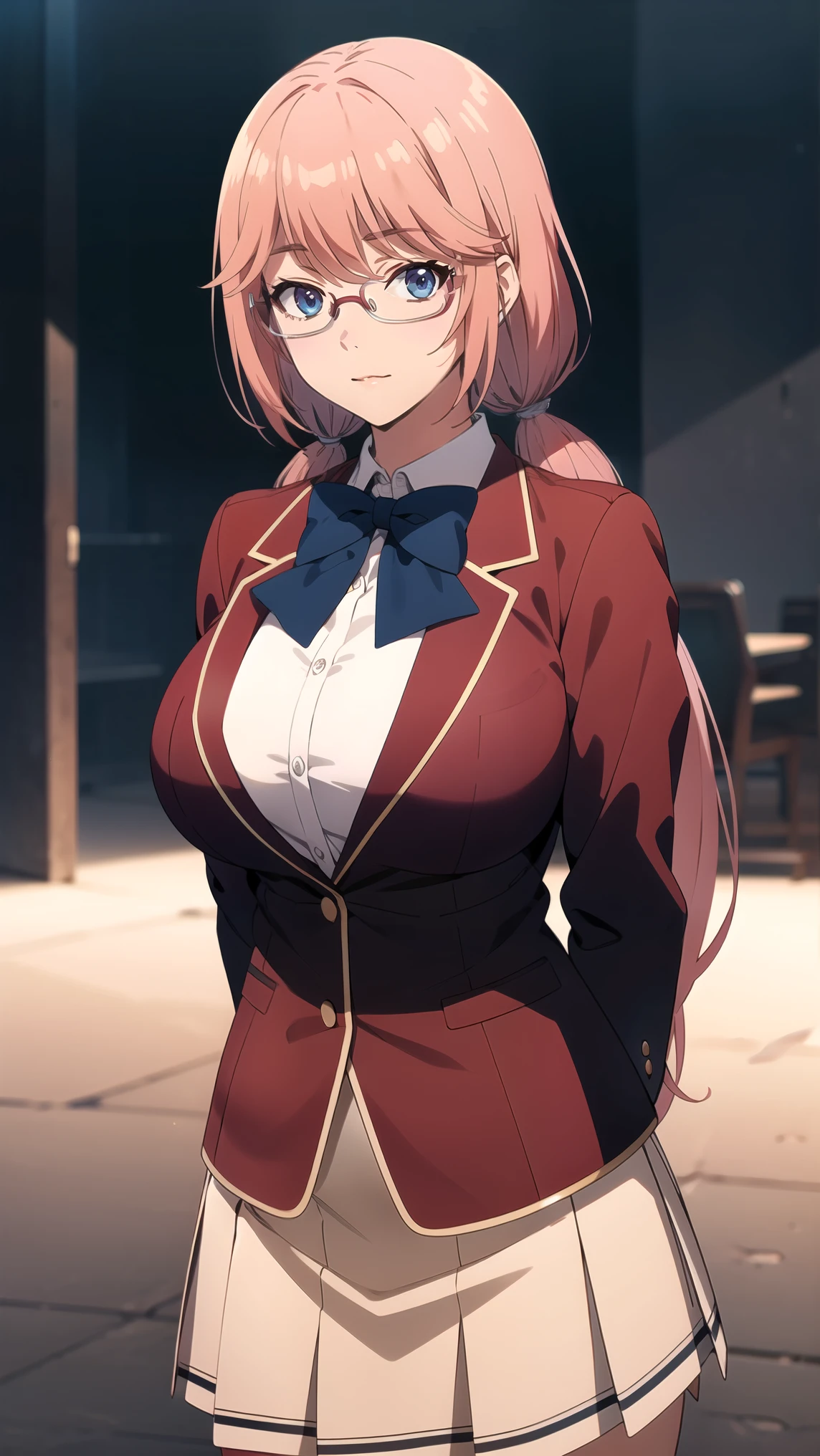 (shoujo style), ((hair detail, eyelash detail, bangs)), manhwa scene, long hair, pink hair, low twintails, blue eyes, glasses, large breasts, , blue bowtie, blazer, red jacket, long sleeves, white skirt, BREAK looking at the viewer, (cowboy shot: 1.5), BREAK bright colors, natural lighting, RTX, (big breasts: 1.4), ((arms behind back)) beautiful, upper body, (masterpiece), (highest quality), best, high quality resolution, 8K, highly detailed, Digital Art, (Highly Detailed Background: 1.2), ( realistic background), (intricately detailed), award-winning, highly detailed, (illustration: 1.1), (cinematic lighting), soft lighting