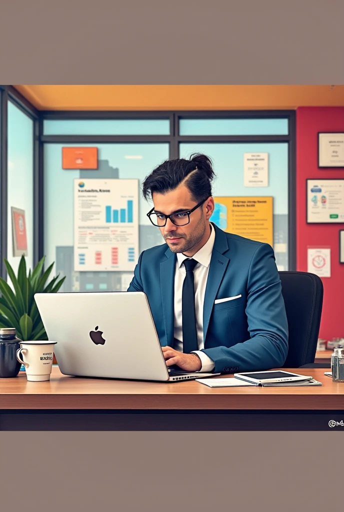 A comic-style pop-art illustration of a professional GM42 manager sitting at a desk in a modern office, focused on a MacBook Pro. The GM42 man has a Clean shaven, no beard or cheekbones, wears a sharp blue suit with a tie, and glasses, exuding confidence and competence. The workspace is vibrant and organized, with colorful charts, job postings, and documents pinned to a glass wall behind him. A potted plant adds a touch of greenery, and a coffee cup sits on the desk next to the laptop. The lighting is bright and cheerful, emphasizing productivity and creativity in a visually appealing pop-art style by Frank Miller style comic .