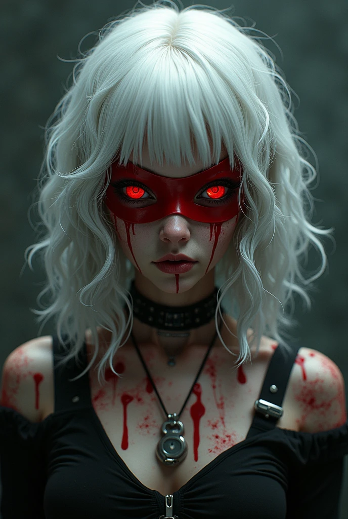 Full length view. ((Audacious aggressive cyborg killer with a closed processor. Crazy smile on the face drops of blood on the body, porcelain face and head. Long flowing white hair, big turquoise eyes, perfect eyes, best quality)). Visual Kay Fashion, gothic. Yoshitaka Amano, Quentin Mutch, Multicolored Fog. Hannah Yata, fantasy art, 64 megapixels, 8K HDR resolution; volumetric lighting", surreal hallucination, complex detail, sharp focus, wind, cherry petals, Fujifilm, Bokeh.(full-length shot, wide angle, centered, no cropping) - AR 9:16 - from 1:2