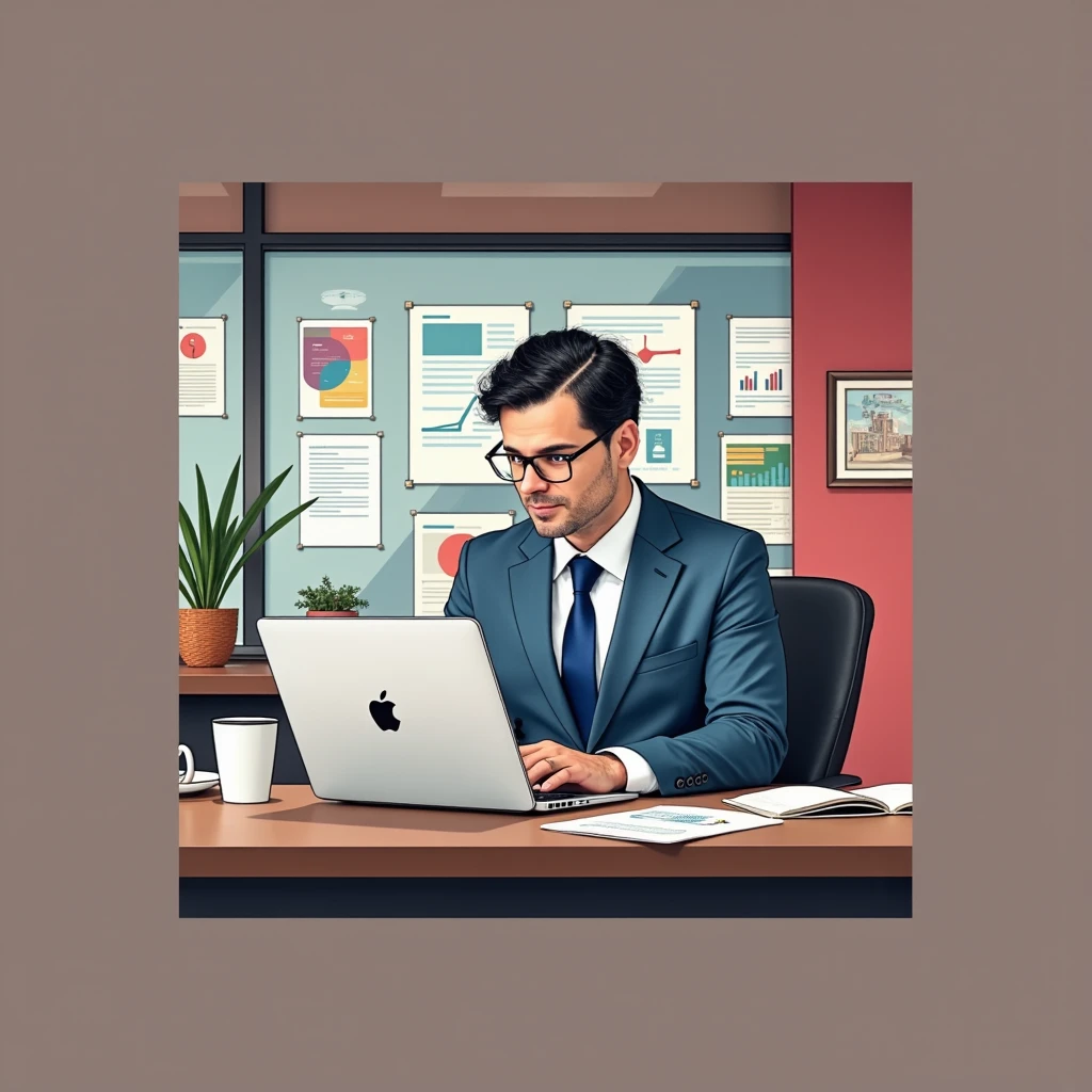 A comic-style pop-art illustration of a professional GM42 manager sitting at a desk in a modern office, focused on a MacBook Pro. The GM42 man has a Clean shaven, no beard or cheekbones, wears a sharp blue suit with a tie, and glasses, exuding confidence and competence. The workspace is vibrant and organized, with colorful charts, job postings, and documents pinned to a glass wall behind him. A potted plant adds a touch of greenery, and a coffee cup sits on the desk next to the laptop. The lighting is bright and cheerful, emphasizing productivity and creativity in a visually appealing pop-art style by Frank Miller style comic.