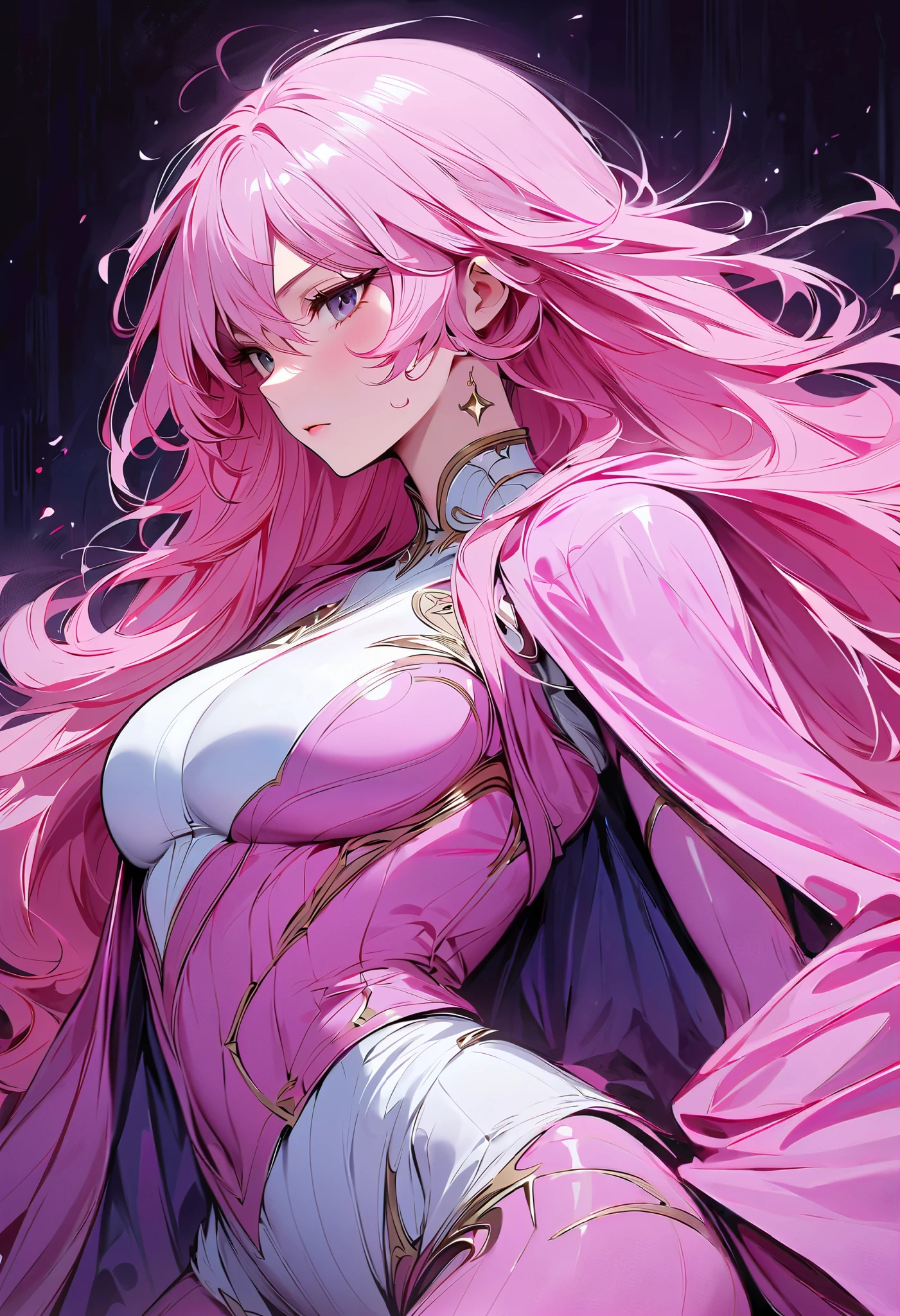 1 Woman, pink eyes, pink hair. Long hair. Sorceress. Magic energy. Magia. Fantasía.