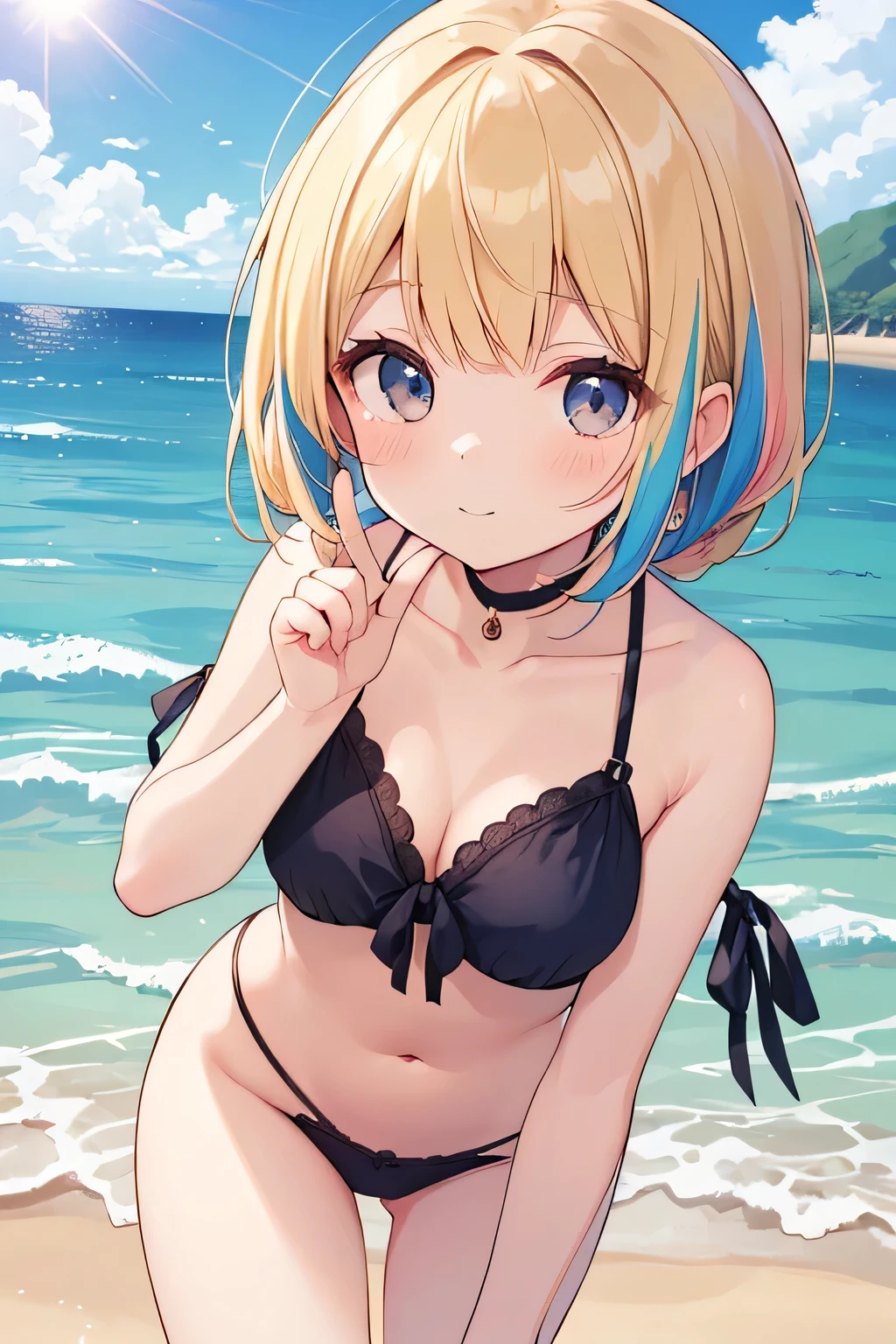 1 girl, memocho, blonde hair, blue eyes, dull bangs,  short hair,(((anime style)))、(((2D)))、8K、smile、Close-up、Open your mouth、Black hair only on the head、(((big breasts)))、(((bikini)))、beach