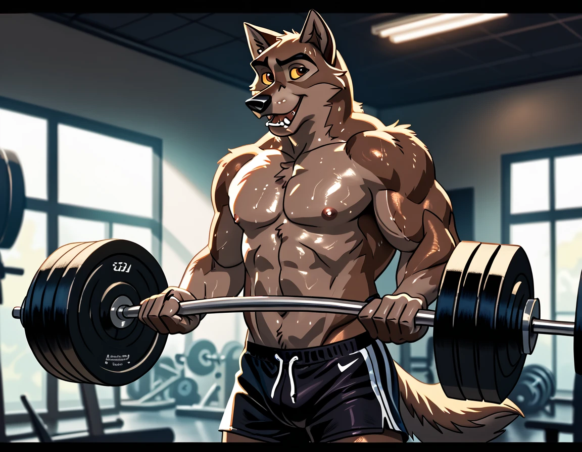 baltotwd, wolfdog, balto, brown eyes, yellow sclera, solo, detailed, detailed face, anthro, male, adult, heavyweight, very muscular, living room background, blurry background:1.2, beautiful lighting, shirtless, wfa style, negger style, taran fiddler style, cel shaded:, flat colors, workout shorts, (sweaty body, shiny body, glistening body):1.1, lifting barbell, working out