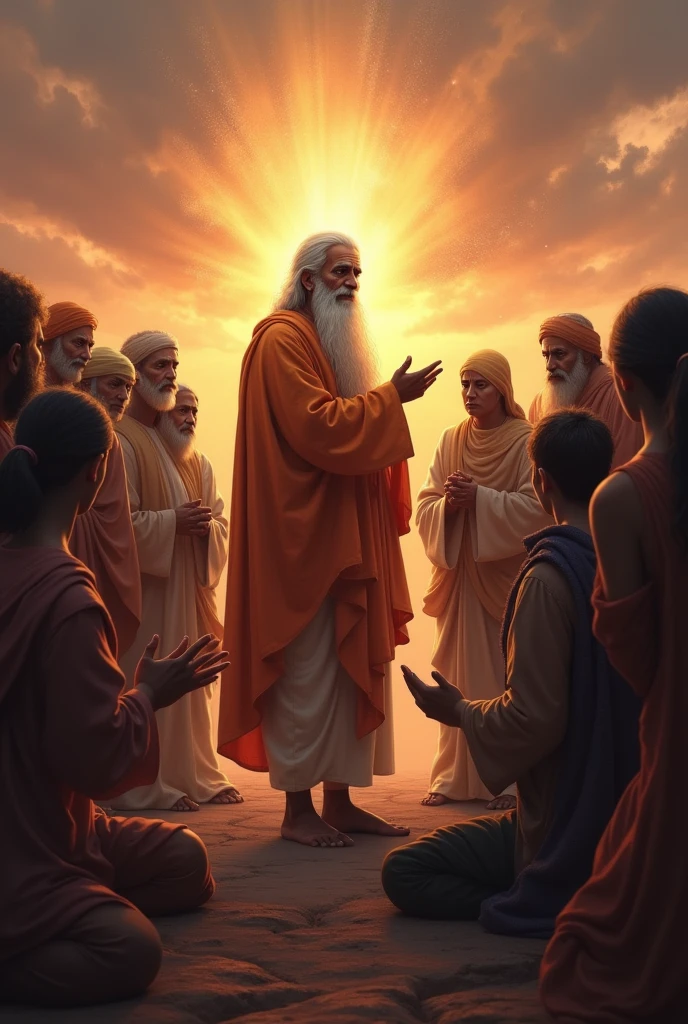Guru nanak dev ji sikh guru long figure standing tall , background and sikh crowd sitting with folded hands mystic atmospheric, hyper realistic, art sikh mythology, cloudy ,golden light , radiant light clamness on face