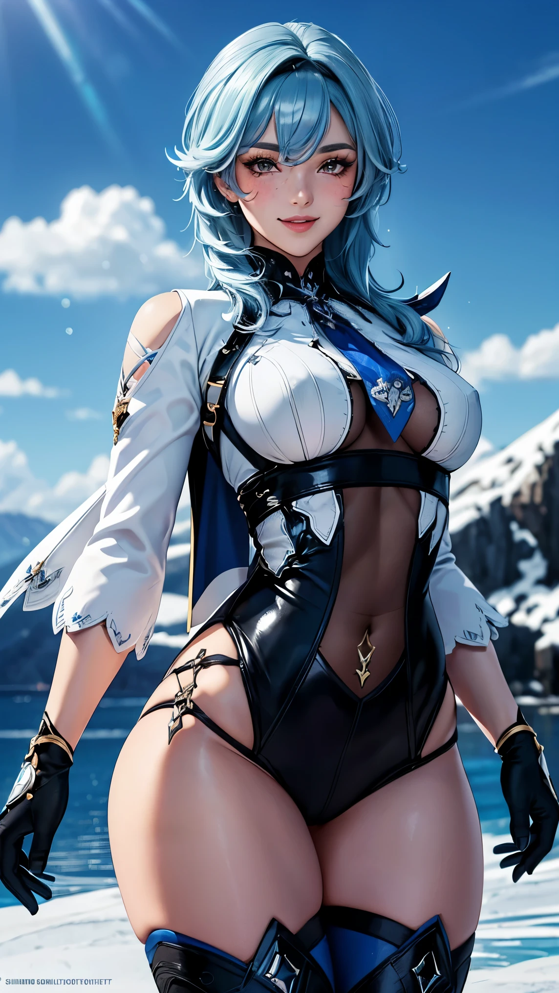 Eula Lawrence,(best qualityer,4K,8k,high resolution,work of art:1.2)(weather: cloudy), Mondstadt lake background, town port, freckles, blue cape, backless black bodysuit, white top, white sleeves, blue necktie, black gloves, blue stockings, thigh-high boots, snowflake embroidery, short curly hair, blue hair, ultra detailed,realisitic,portraite,beautiful detailed yellow eyes, glowing eyes,blush,beautiful detailed lips,extremely detailed eye and face, long eyelashes,sexly,average, small breasts,beaming smile, sexy smile,powerful girl, waltz pose, stunning curves,bright coloured,dramatic lighting, ice sparkles,