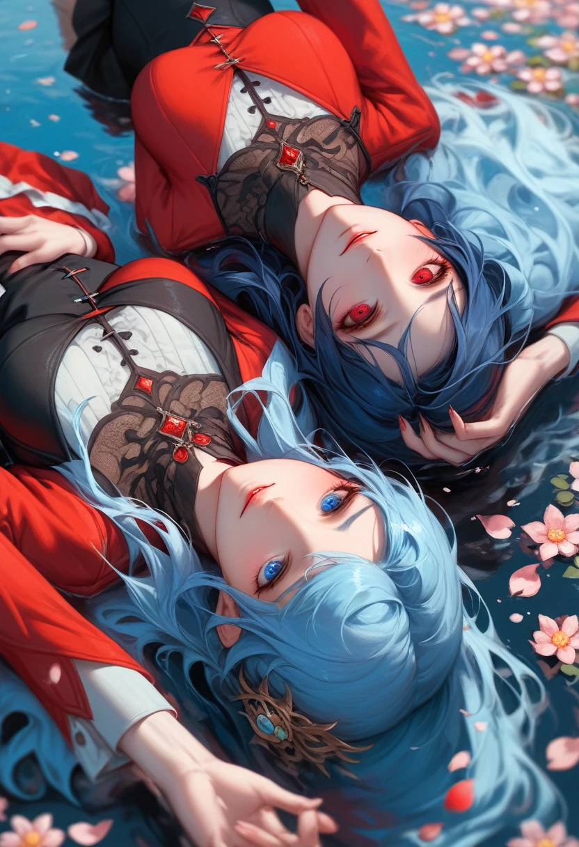 score_9, score_8_up, score_7_up, source_anime, rating_questionable, flowers, petals, black water, hands with five fingers, upside-down yuri couple focus, looking away, smiling, parted lips, expressive face, DaUD, blue long hair, red long hair, blue eyes, red eyes, 1upside-down girl, 2girls, from above, intricately detailed illustration, depth of field, atmospheric perspective
