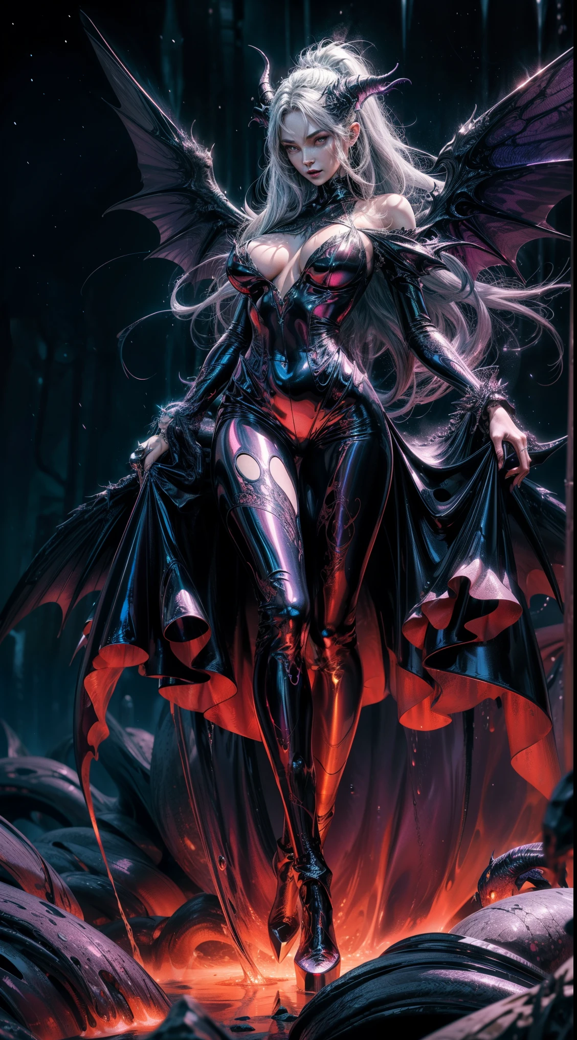 {-erro_de_anatomia:1.0} (best quality,4k,8k,highres,masterpiece:1.2) (masterpiece, top quality, best quality, official art, beautiful and aesthetic: 1.2), (1 woman: 1.3) Succubus girl, long white hair , opal eyes, (crystal eyes) succubus wings, magenta clothes, pant,  gloves, attractive, moonlight, dinamic poses, perfect hands (perfect fingers), angry face, dinamic poses, walking on the ground, on attack, backwards, looking back