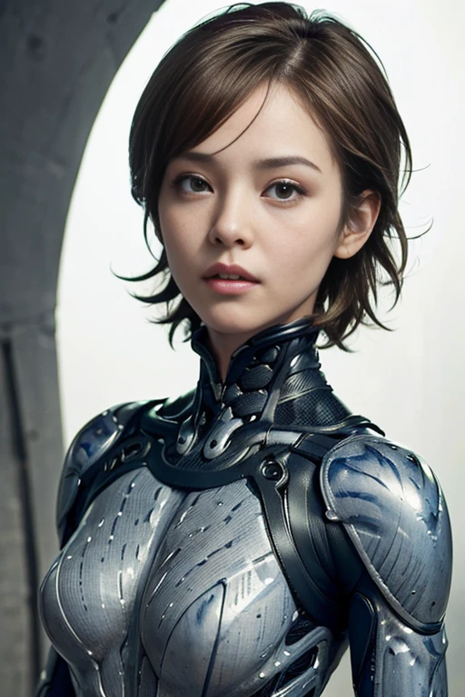 (masterpiece, high quality, intricate details, realistic:1.3), (whole body), (A girl in a poweredsuit), perfectly beauty face, short hair, Exoskeleton, Muscles made of wire, designed by Syd Mead, nsfw, high resolution film