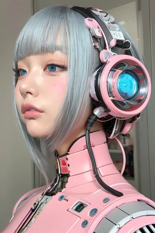 masterpiece, best quality, extremely detailed,portrait,upper body,front view,Japaese android girl,Plump, control panels,android,Droid,Mechanical Hand, Robot arms and legs,Blunt bangs,long tube,thick cable connected her neck,