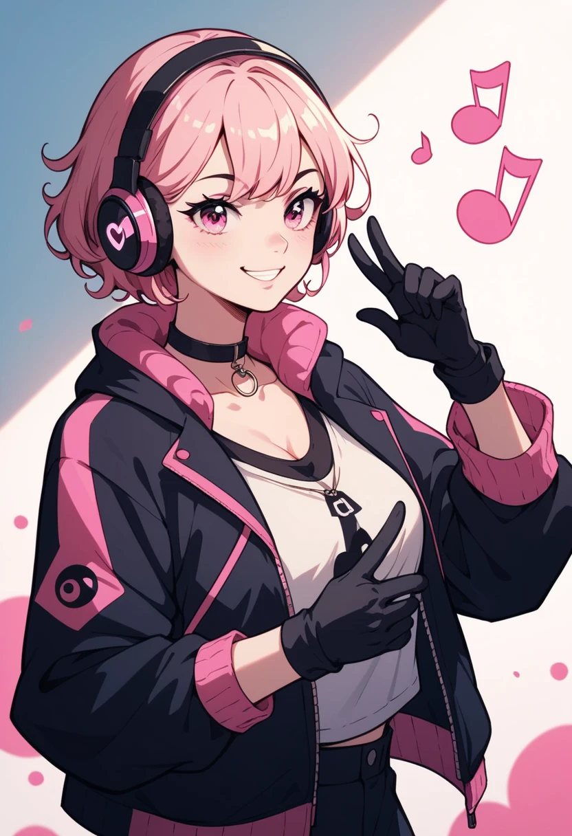  black São Tomé anime-style girl , Black woman with curly heads k3 bulky short , Light black skin ,  pink eyes with gamer-like headphones with black gloves listening to music ,vibe geek