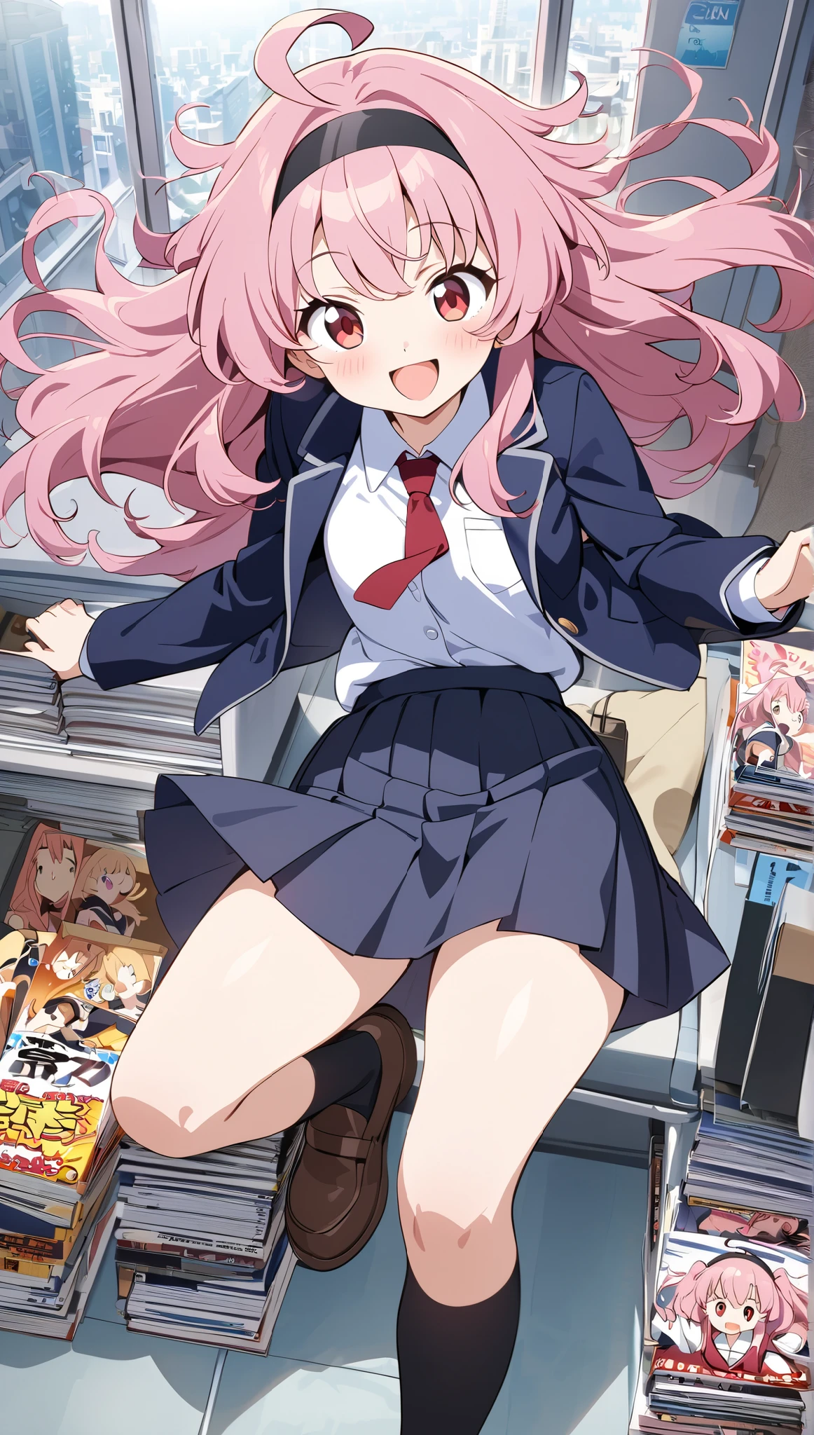 cute, round eyes, smile, pretty, , red necktie, brown shoes,  girl, indigo school uniform jacket, white school uniform shirt, floating hair, indigo school uniform skirt, very messy hair, ahoge, pink hair, spiked hair, long hair, red eyes, black hairband, 1girl, full black stocking, best quality, amazing quality, very aesthetic, highres, incredibly absurd, masterpiece, manga, japanese anime, blue archive art style,