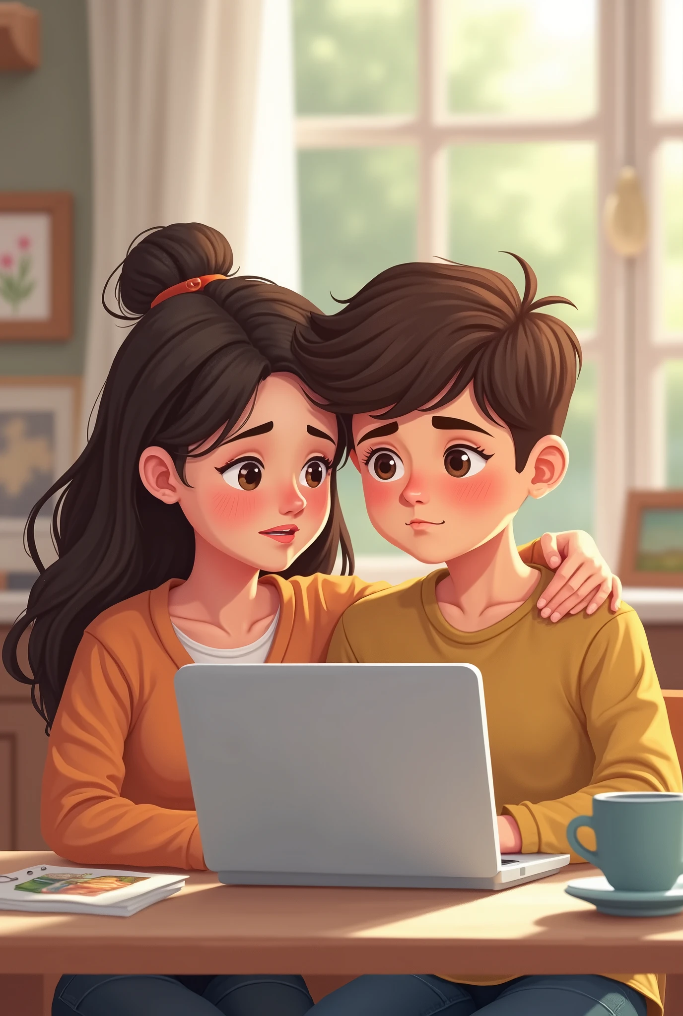 In a small office, a boy wearing glasses, a red shirt, and black pants is sitting and working at his desktop computer, which is positioned in the corner against a side wall. A girl in a long yellow dress is seated to his beside working at her own desktop system and loveing him with one side looking at him affectionately.