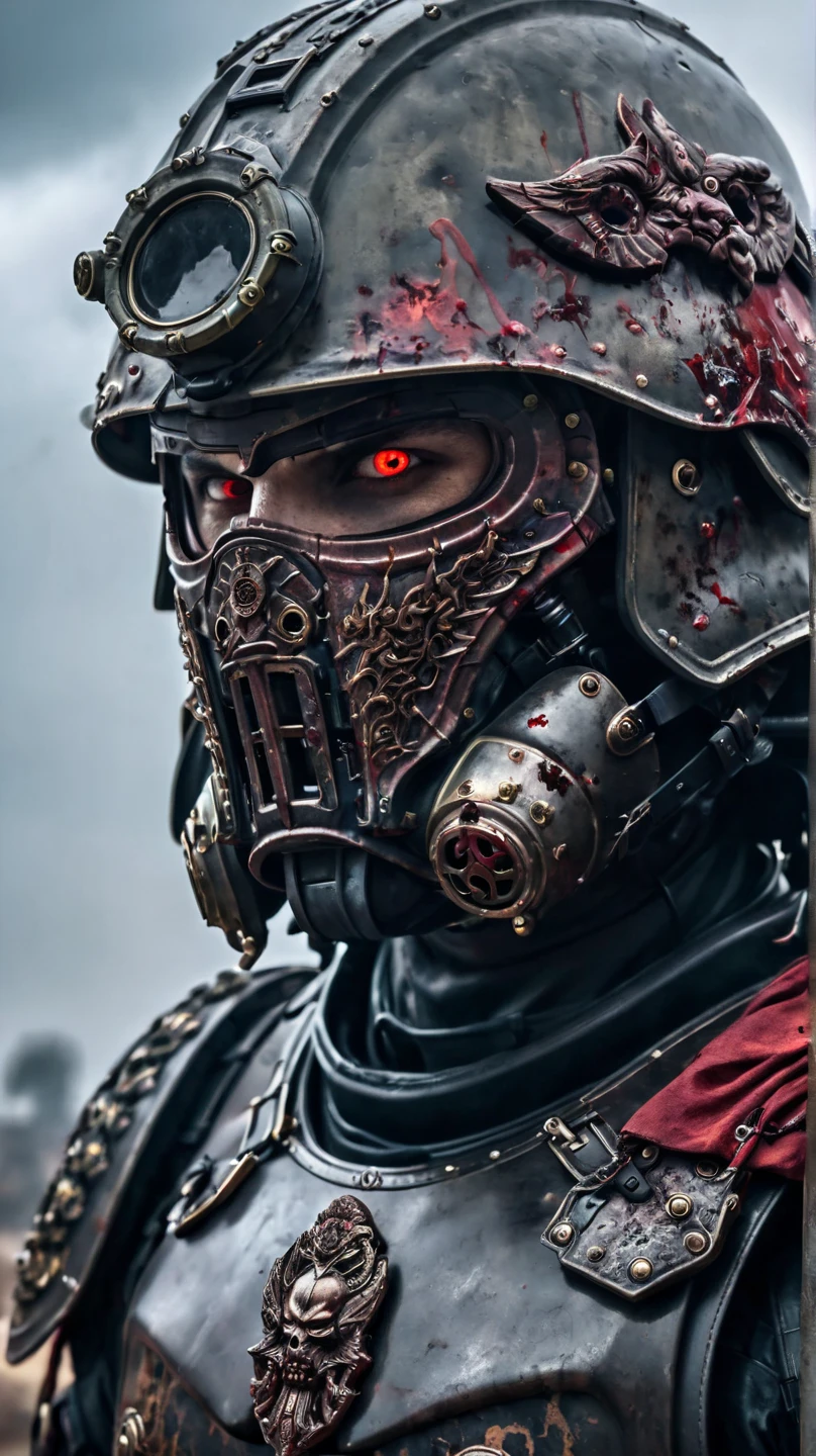 Close-up of a ((handsome zombie warior)) , half human, half wolf, their faces partially obscured by military helmets. Their eyes are filled with sadness and longing. The background is a trail of blood and violence. He wears a mechanized robot armor, carved with animal elements, human skulls. The sky is filled with swirling, fiery clouds. The photo conveys a strong sense of the warrior's appearance, ((smiling)).