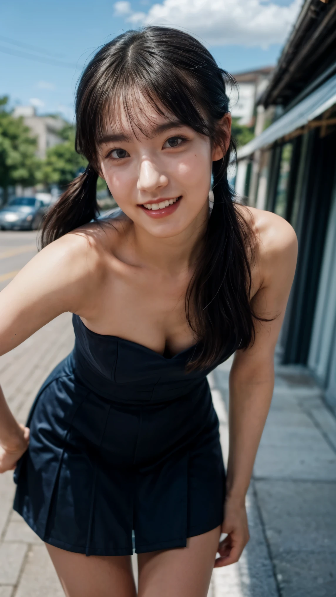 (high resolution photograph of a young Japanese female idol), (realistic, photo-realistic:1.37), (masterpiece, best quality), 8k, RAW photo, intricate details, extremely detailed, sharp focus, cinematic lighting, gravure photography, portrait, solo, 1girl, (strapless dress, sleeveless:1.2), (face focus, standing leaning forward, forward bending:1.5), (small breasts:1.3), dark hair, ((low-position twintails hair)), pale skin, (detailed face, detailed eyes, symmetrical eyes, beautiful pupils, sophisticated nose, big smile), open mouth, 
photo background, outdoors, urban scape, daytime, sunny, blue sky and clouds,