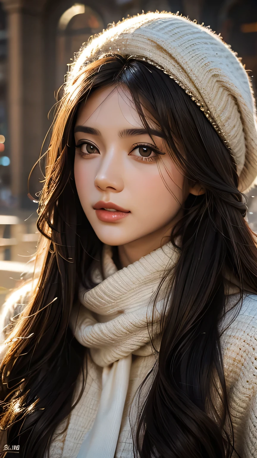 Best quality,Masterpiece,Ultra-high definition digital photos,solo portrait,one-girl,Wear a slender coat,Wear a scarf,ssmile,looking to the camera,exteriors,