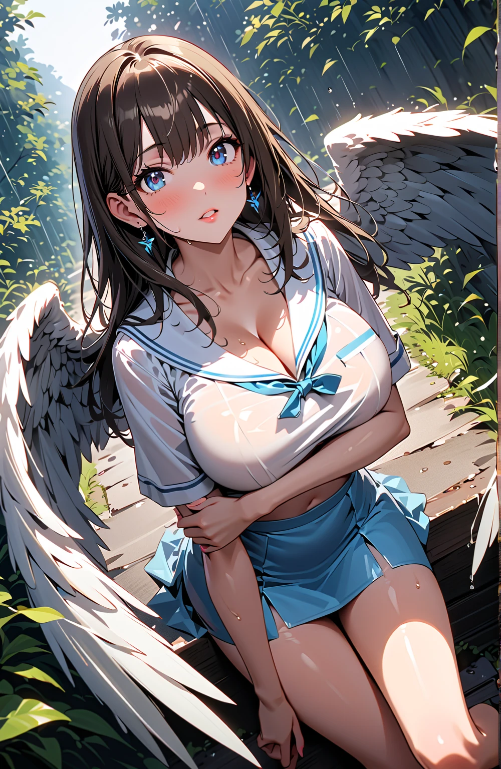 japanese anime style。illustratio。Fantasia。White feathers。girl with。A dark-haired。eye glass。undergarment。Fantastic background。Colossal tits。pubick hair。teats。a miniskirt。Shy。crouching down。Opening the crotch。