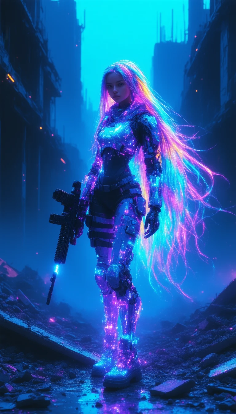 A woman with a gun standing in a city with a neon background - SeaArt AI