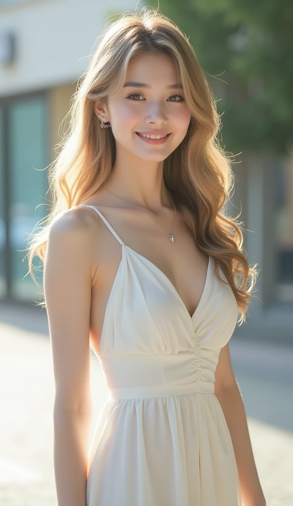 A beautiful European women, full body, smiling, white teeth, hiding hands behind her back, looking up, face up, wearing Chiffon dress, transparent dress, cleavage. She is 24 years old, has blond ponytails and blue eyes. Her cloth is stylish and her overall appearance is stunning. The girl's face is extremely detailed with beautifully detailed lips. Her skin is anatomically correct with realistic textures. The image should have super high details and be of the best quality, with a resolution of 8K. The final result should be a masterpiece, showcasing the girl's beauty and the vibrant atmosphere of the City square with areas for rest and relaxation and autumn