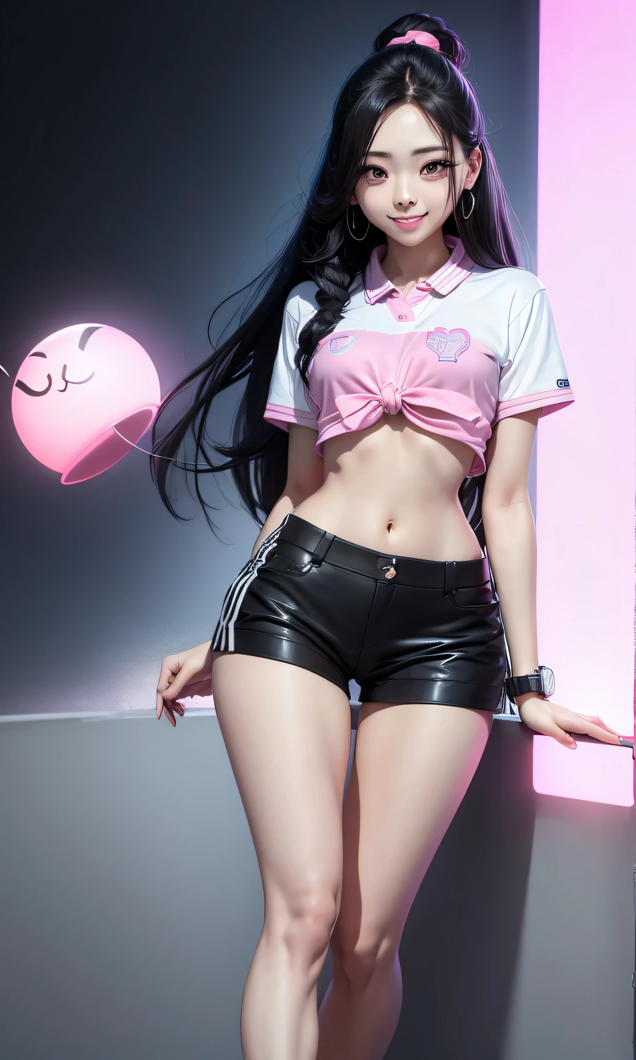  masterpiece, 1 teenage girl, Yuna de Itzy, slim, beautiful,  Korean, Kpop,  long hair ,  black hair ,  black eyes, cuerpo entero, standing, flat stomach,  cute legs,  white skin , short color azul, pink top with logo, ties, Tender Pose, smile,  Shoes, at night,  dark background , low light,