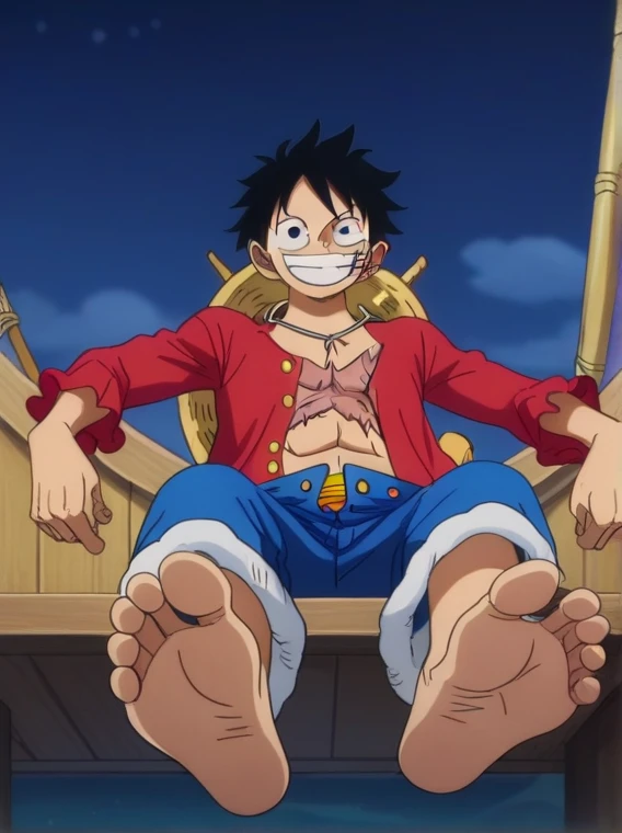 score_9, score_8_up, source_anime,
1boy, Monkey D. Luffy, black messy hair, wide smile, scar under left eye, red vest, open front, blue shorts, on the boat, sitting, night, looking at viewer, cheerful expression, cowboy shot, ANIME SCREENCAP, anime coloring, barefoot, perfect feet, anatomically correct, soles, low angle, focal length 35mm, each foot has five toes, front, symmetrical soles, foot focus